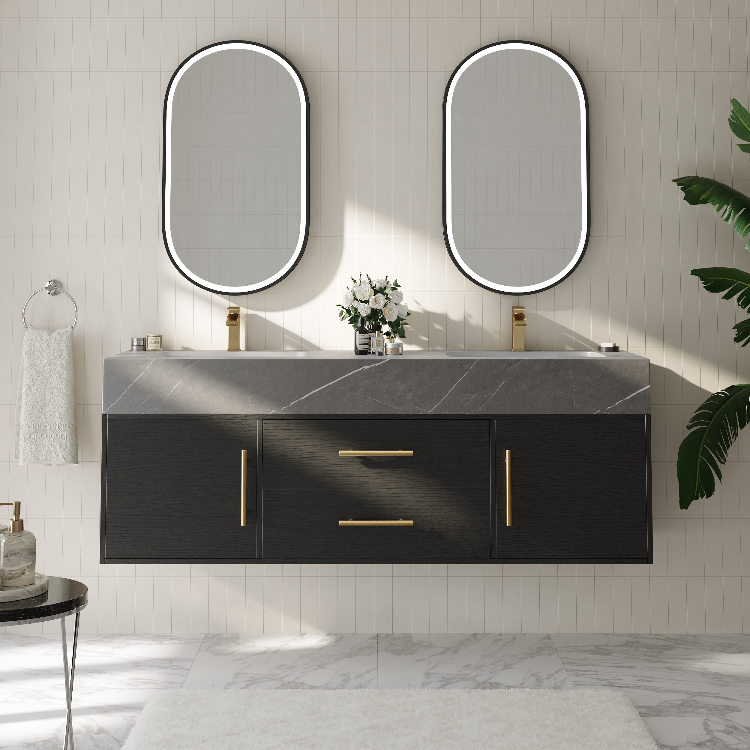 150 cm Black Double Sink Bathroom Vanity with Brushed Gold Handles, Floating Design