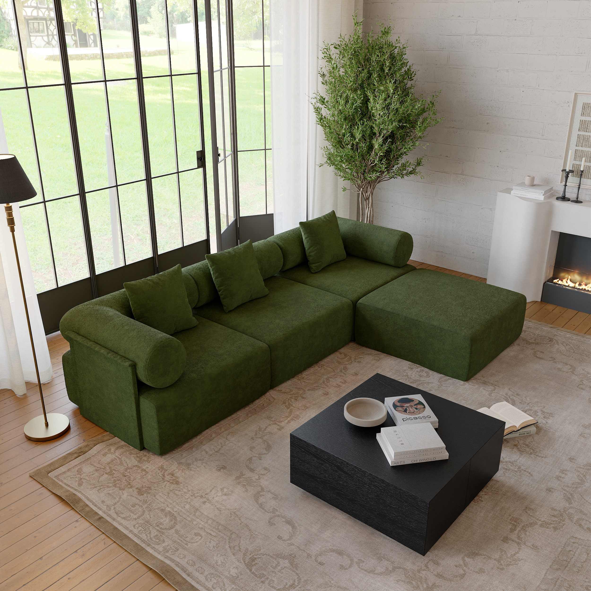 110" 4-Piece Modular White Performance Chenille Velvet L-Shape Sectional Sofa with Ottoman