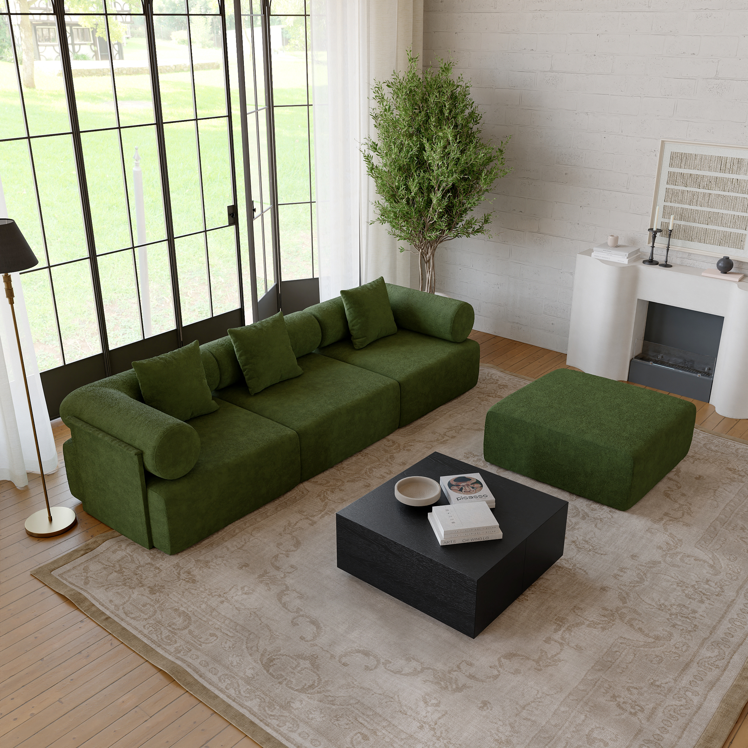 110" 4-Piece Modular White Performance Chenille Velvet L-Shape Sectional Sofa with Ottoman