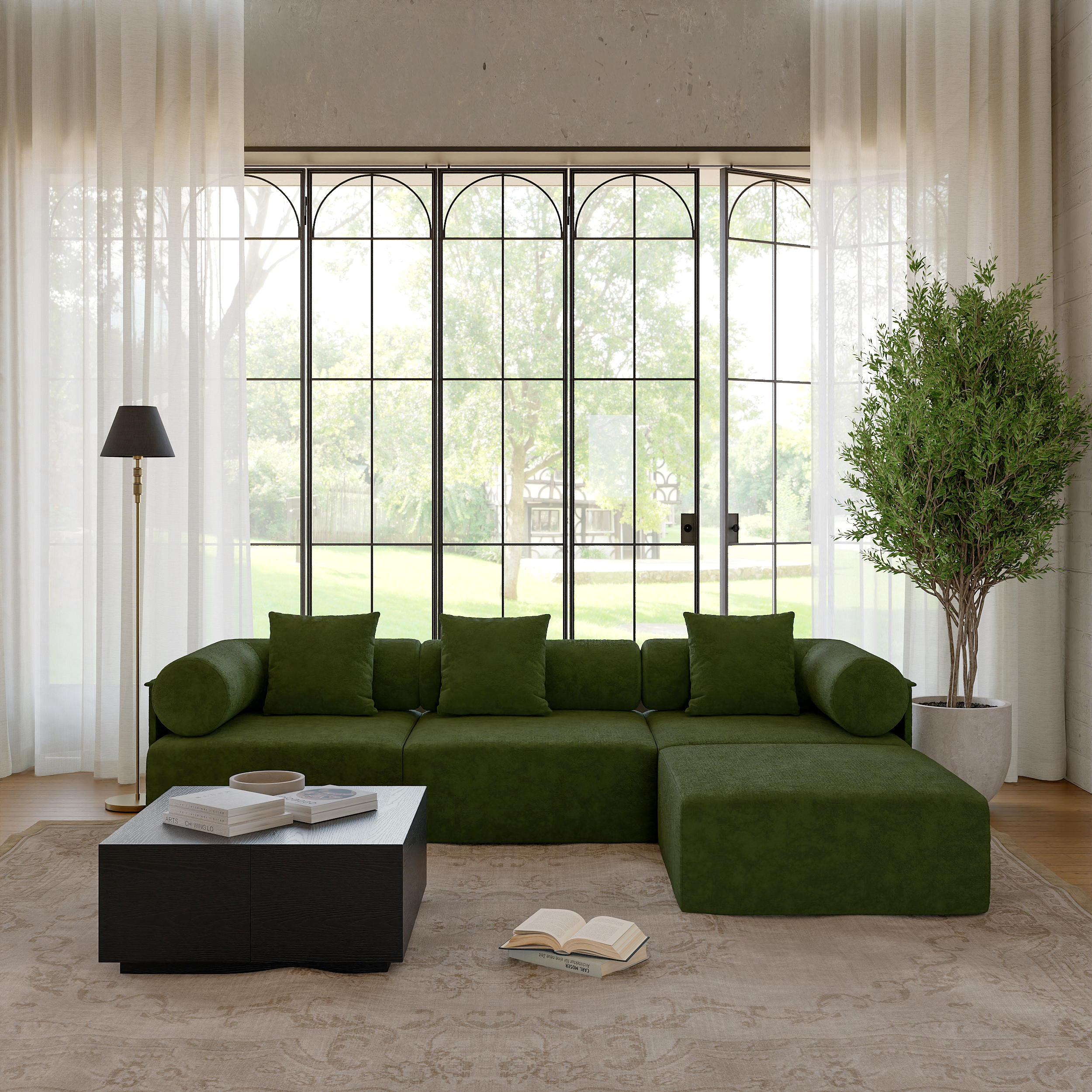 110" 4-Piece Modular White Performance Chenille Velvet L-Shape Sectional Sofa with Ottoman
