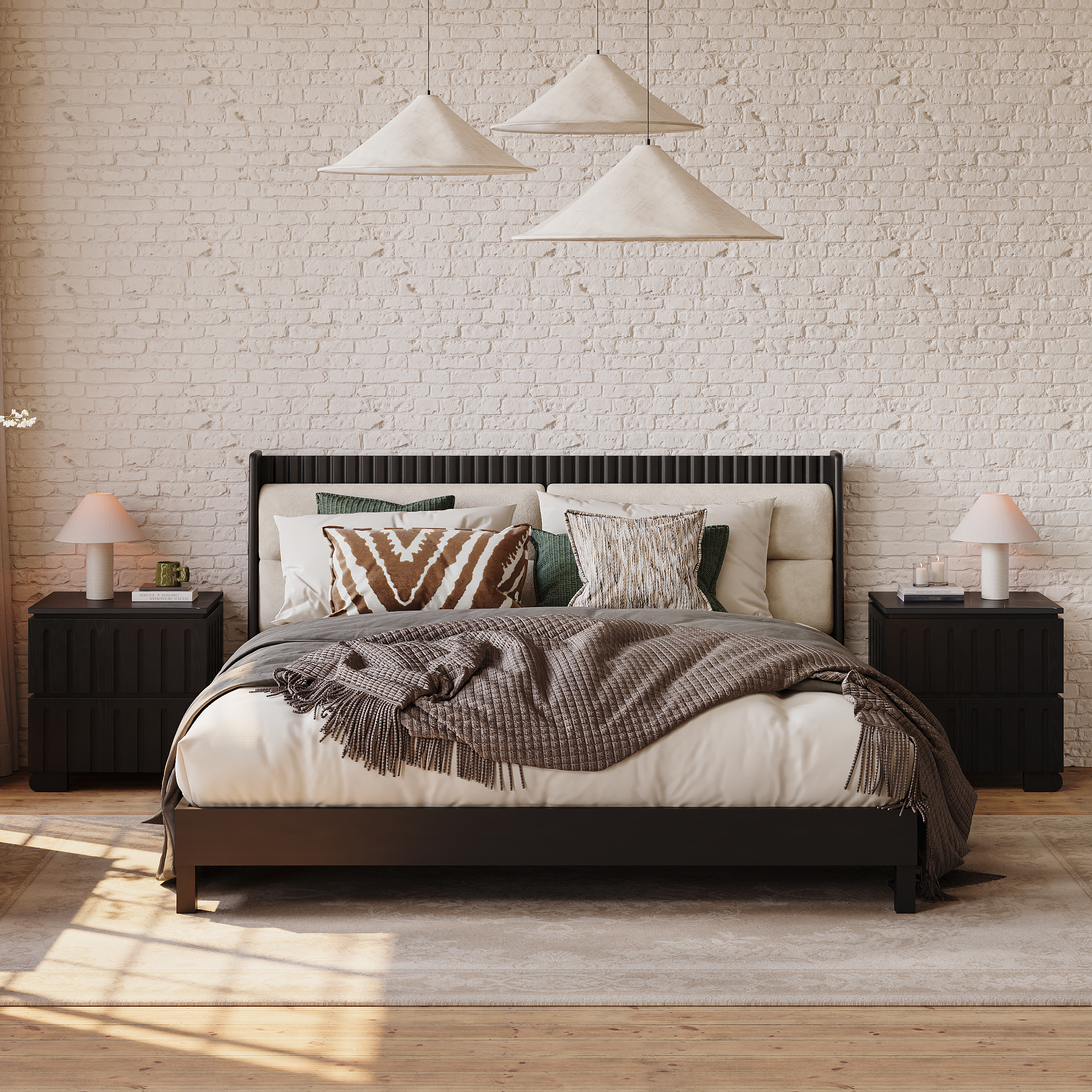 Modern Solid Wood King Upholstered Bed & 2 Drawer Ash Wood Nightstand Set with with Faux Travertine Top
