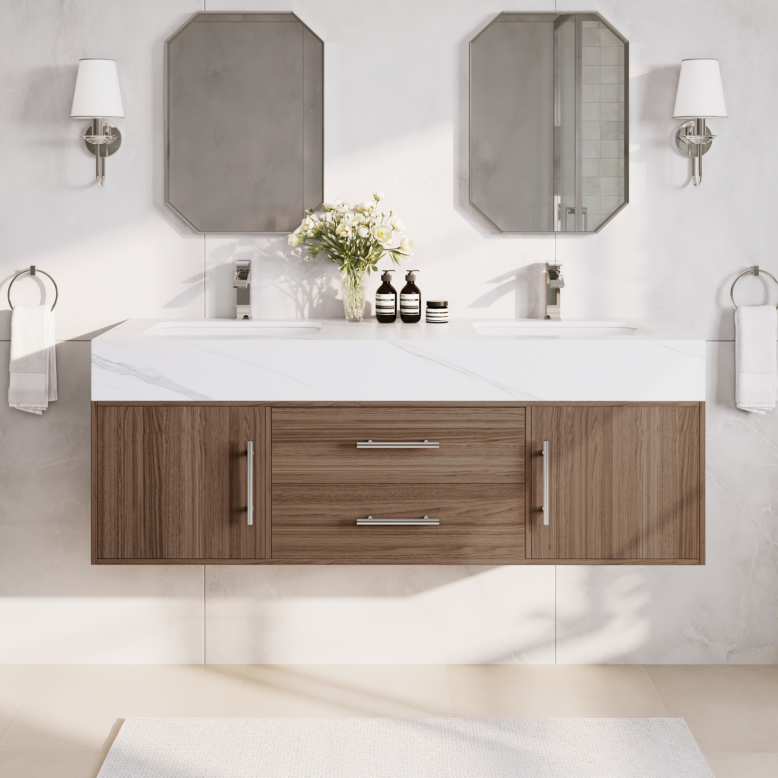 150 cm Double Basin Bathroom Vanity with Silver Handles â Walnut Modern Floating Vanity