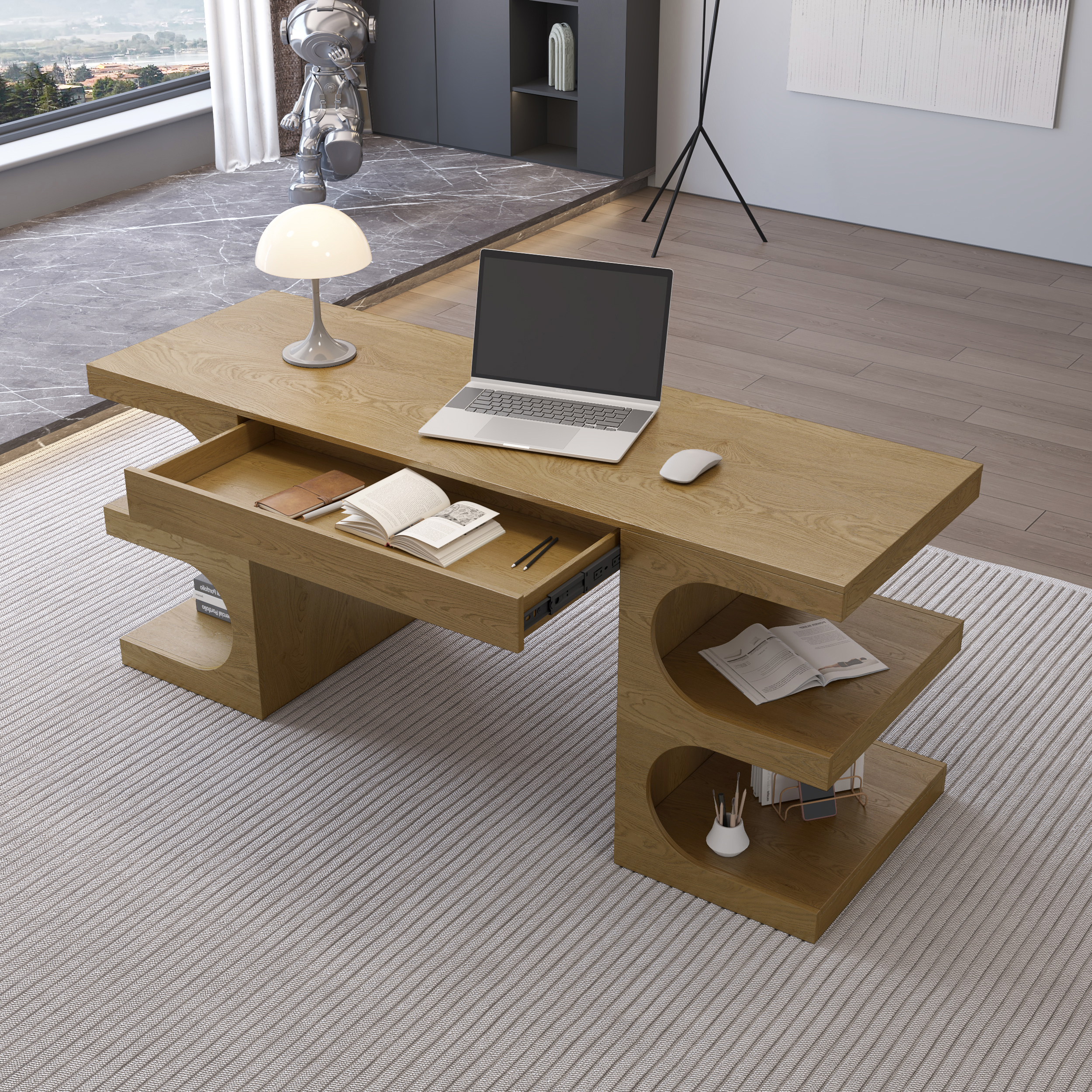 Natural Office Writing Desk Desk with Drawer & Shelves Modern Office Furniture (64.2")