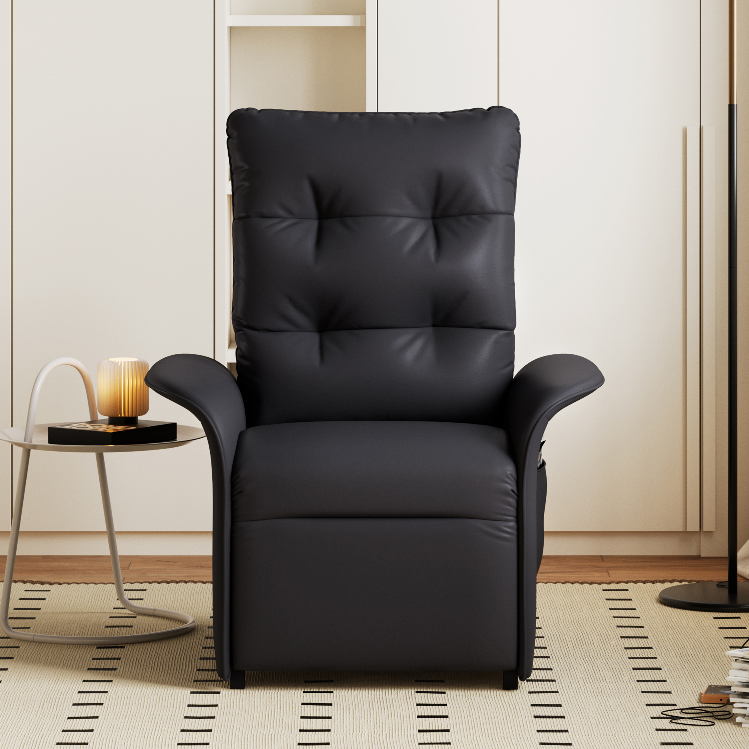 Modern Black Leather Power Recliner High Back Sleeper Chair with Side Pocket