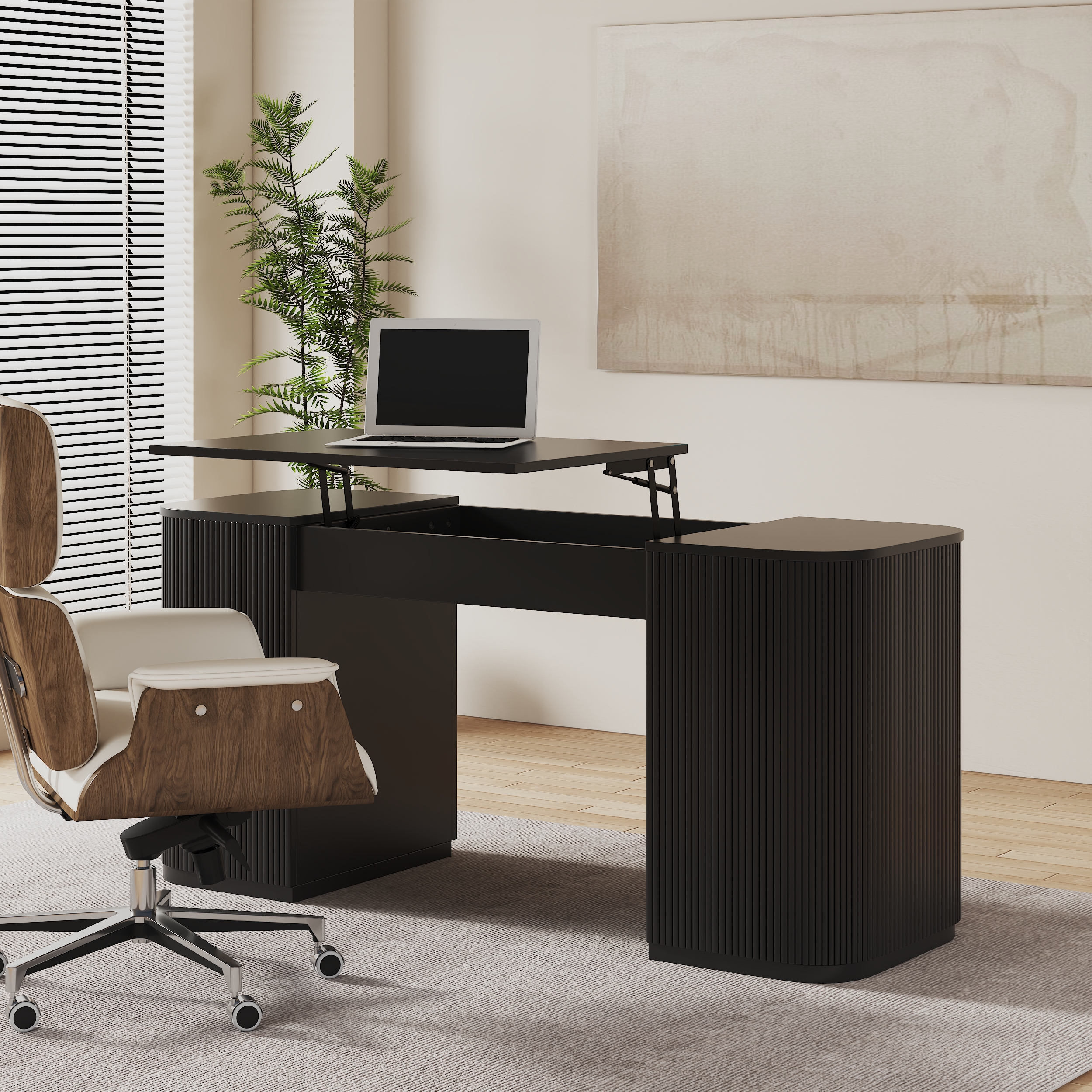 Standing Computer Desk with 2 Doors & Storage Black Manufactured Wood Office Furniture (59.8"