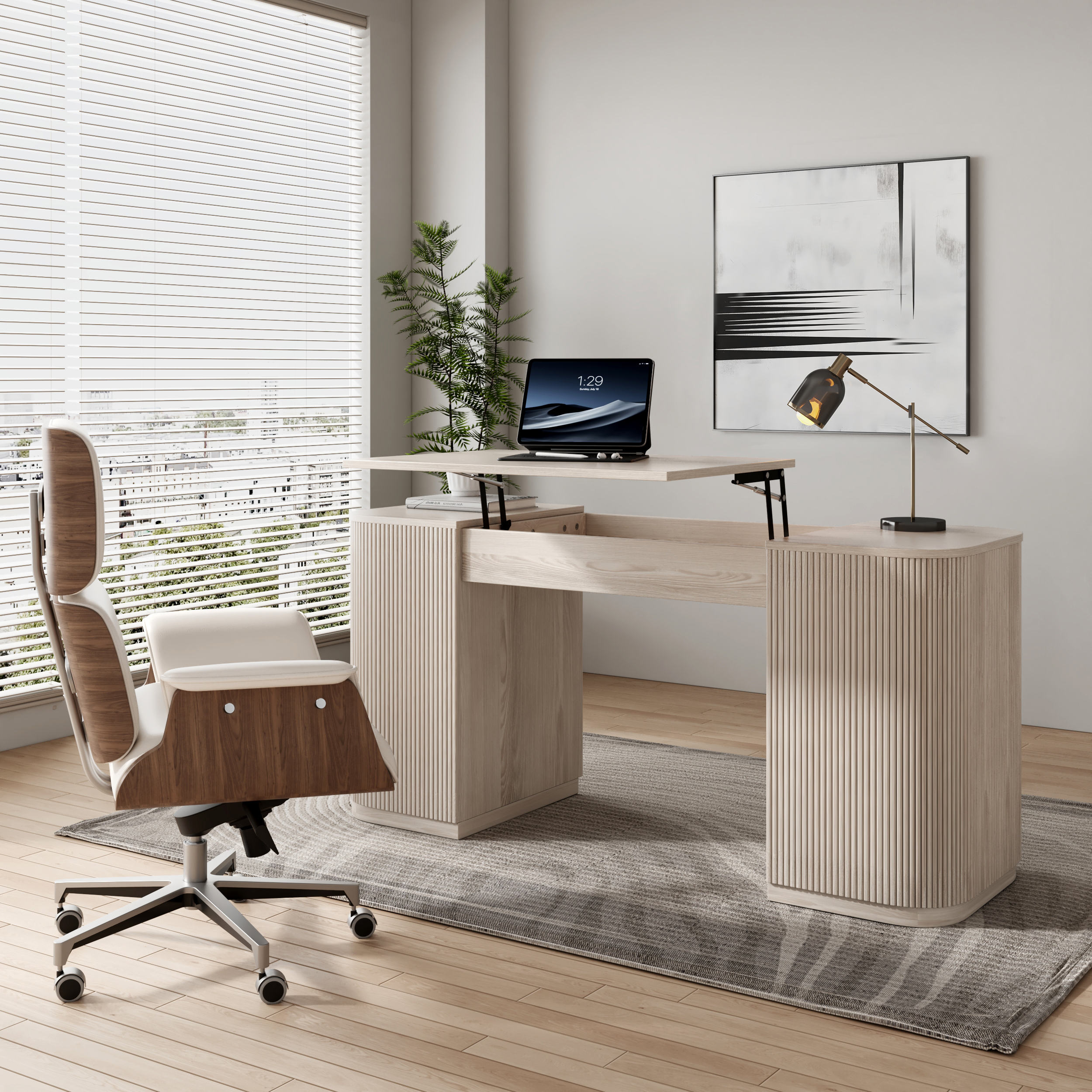 Modern Wash White Standing Computer Desk & Upholstered Swivel Task Chair Set (1500mm )
