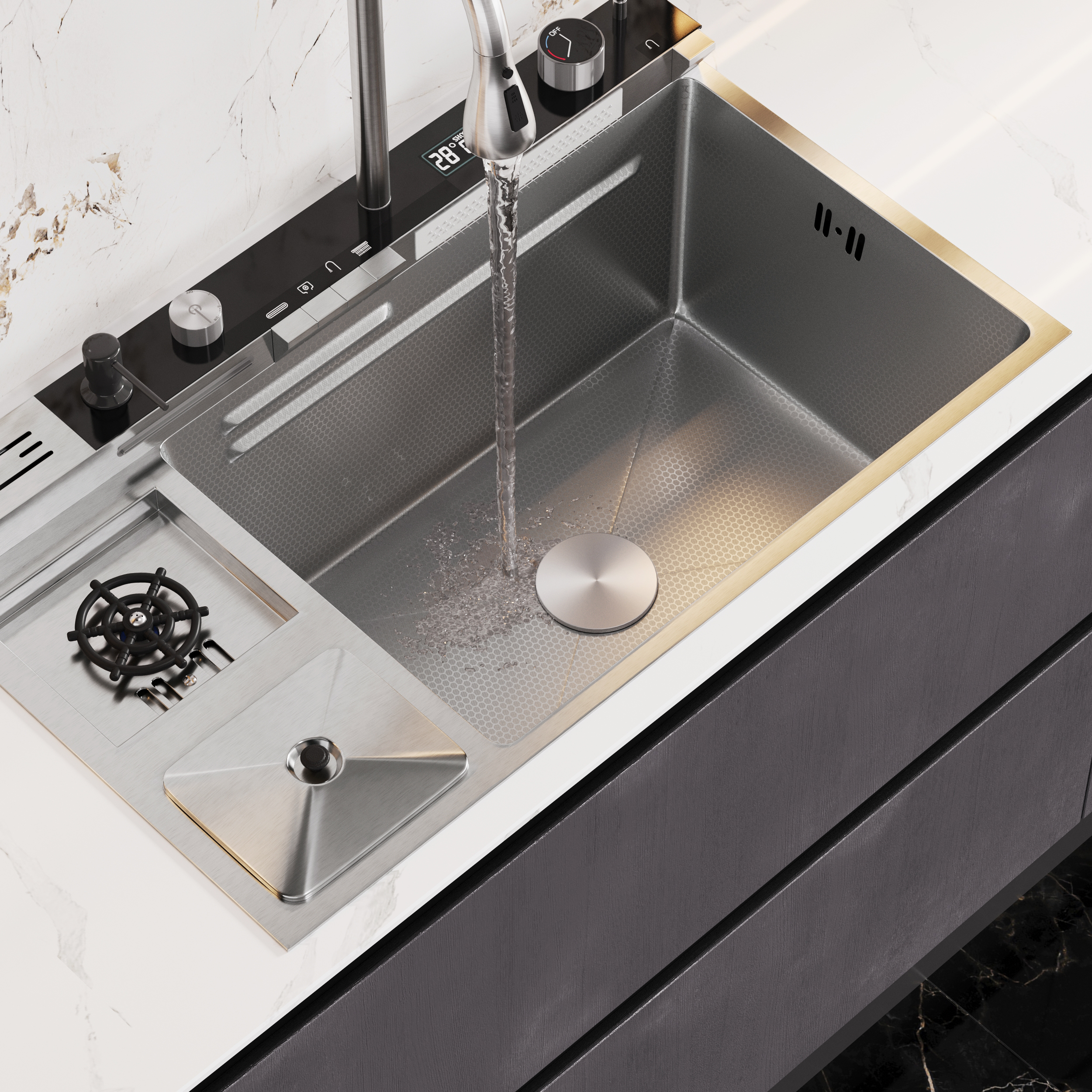 Multi-Function Stainless Steel Kitchen Sink 32.3" × 18.9" with Pull-Out Faucet