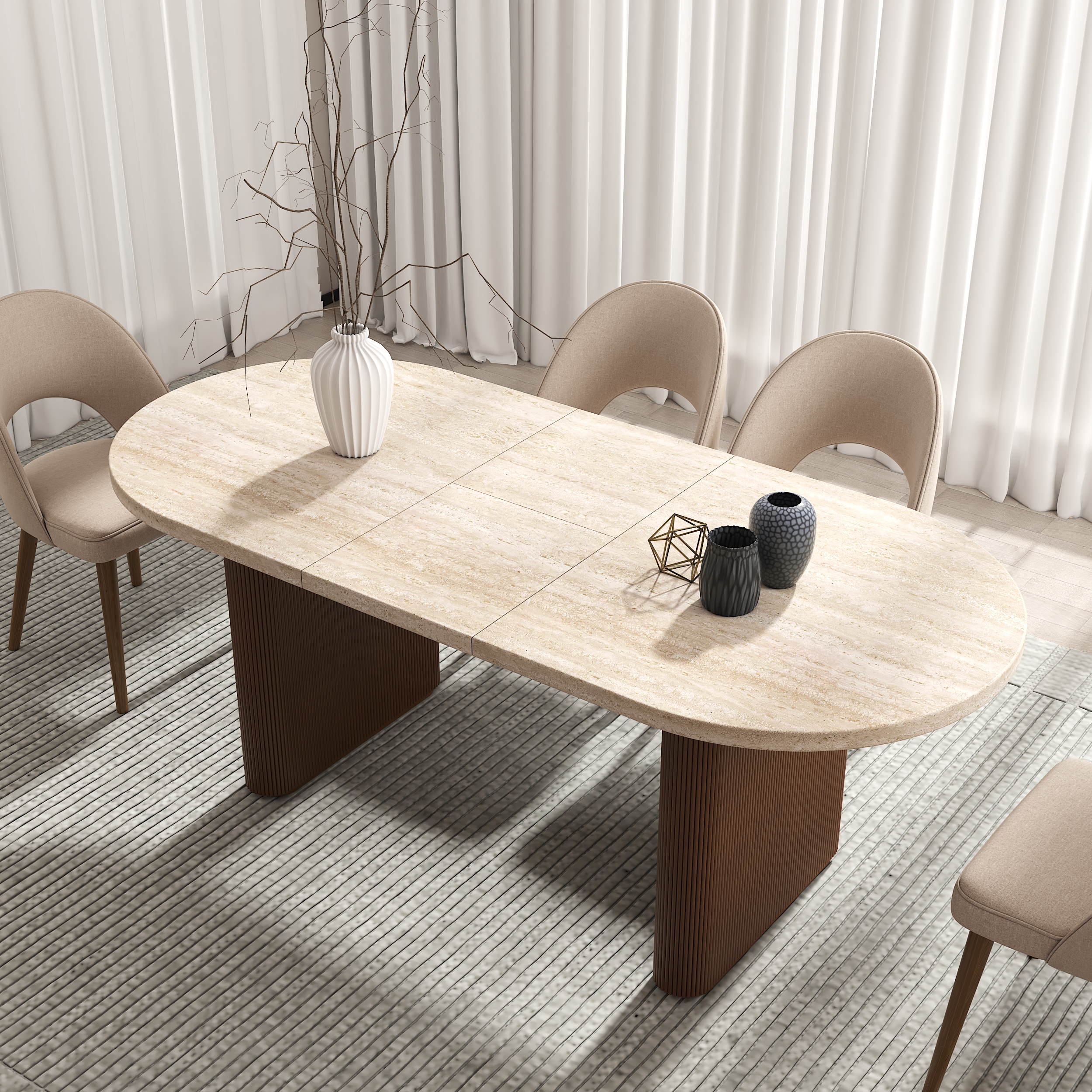 Mesa de comedor Fluve de 1600 mm a 2000 mm, ovalada, extensible, de travertino mate, hojas de mariposa, 6 a 10 plazas