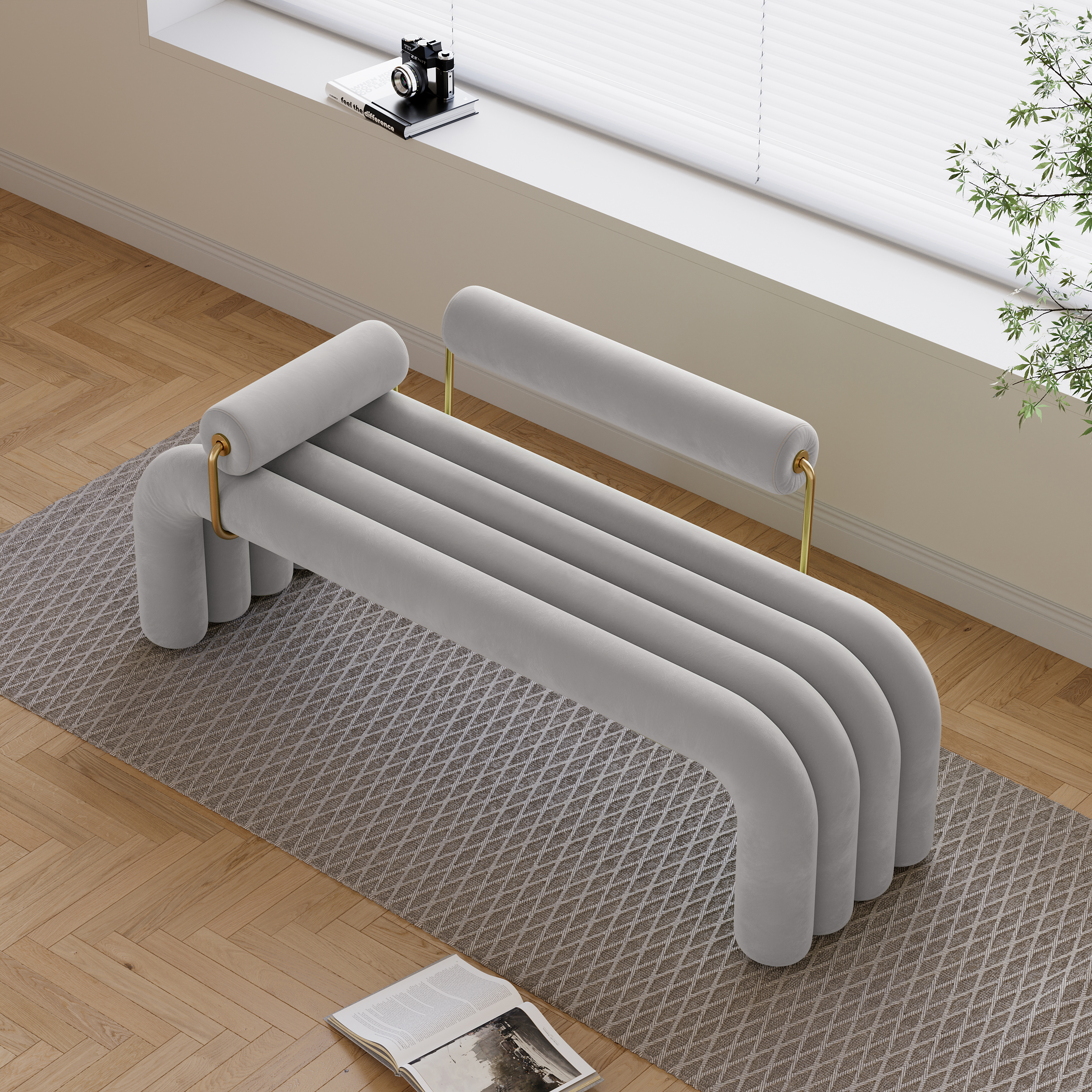 Banco de entrada de terciopelo capitoné para muebles de entrada en gris claro (1200 mm)