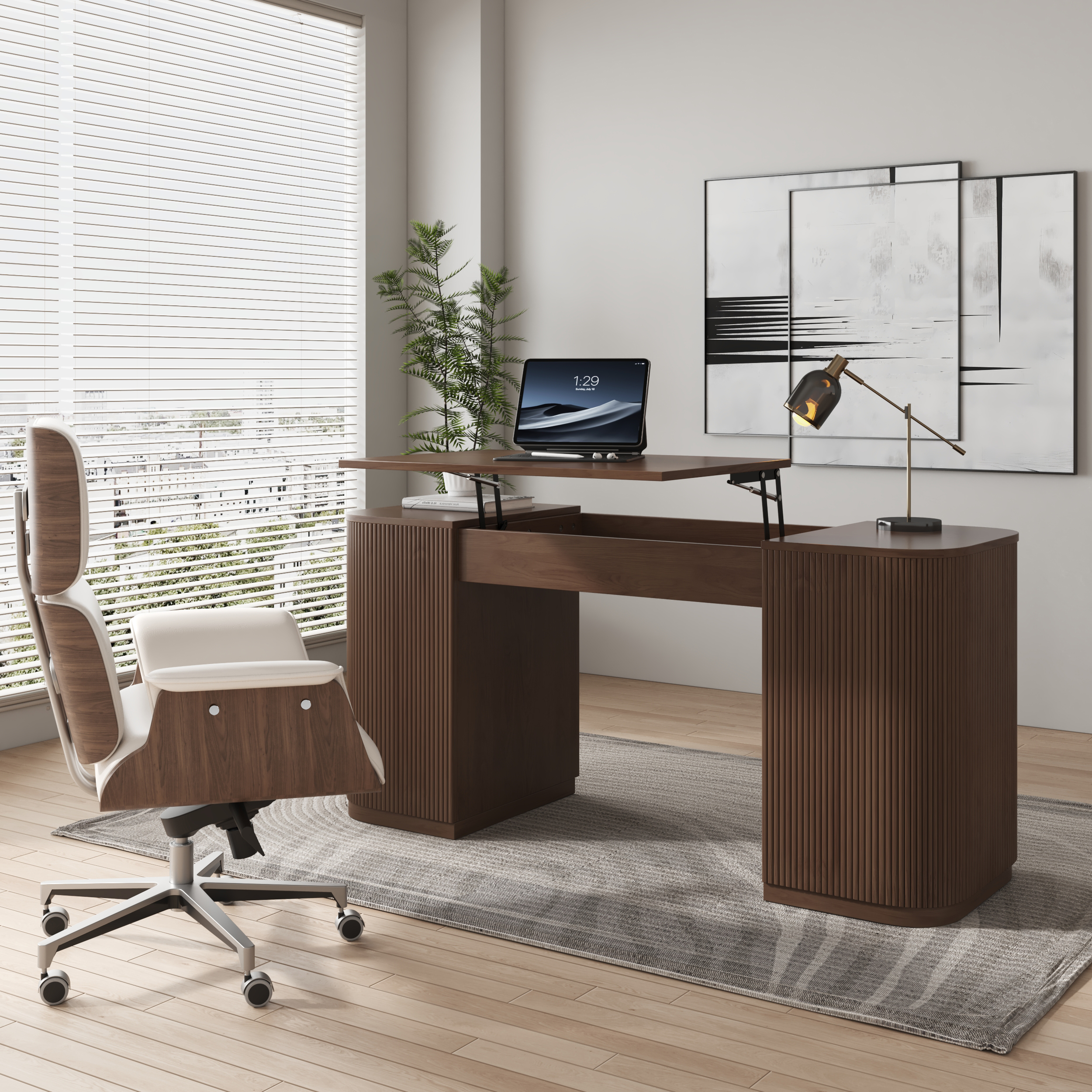 Modern Walnut Standing Computer Desk & Upholstered Swivel Task Chair Set (1500mm )