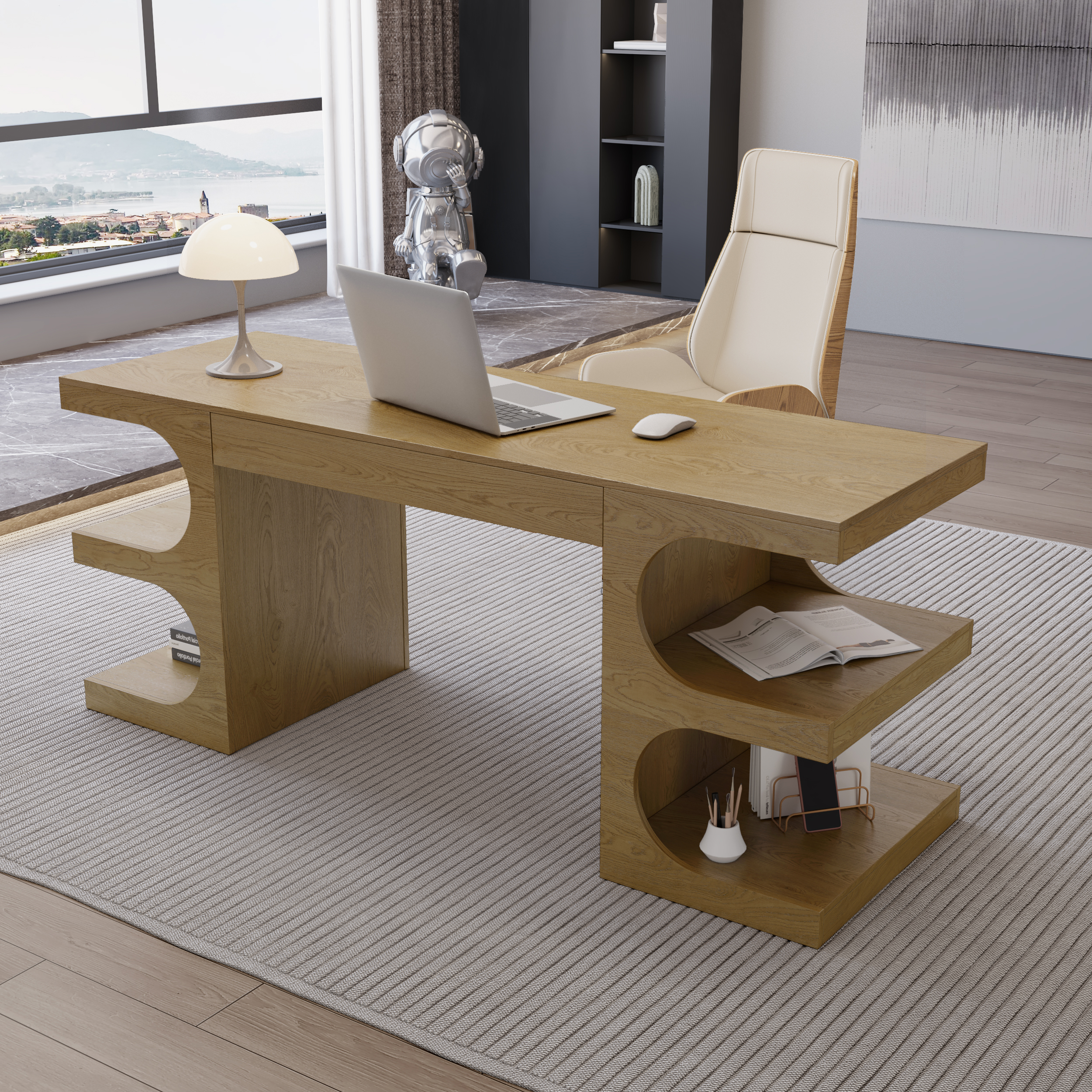 Natural Office Writing Desk Desk with Drawer & Shelves Modern Office Furniture (64.2")