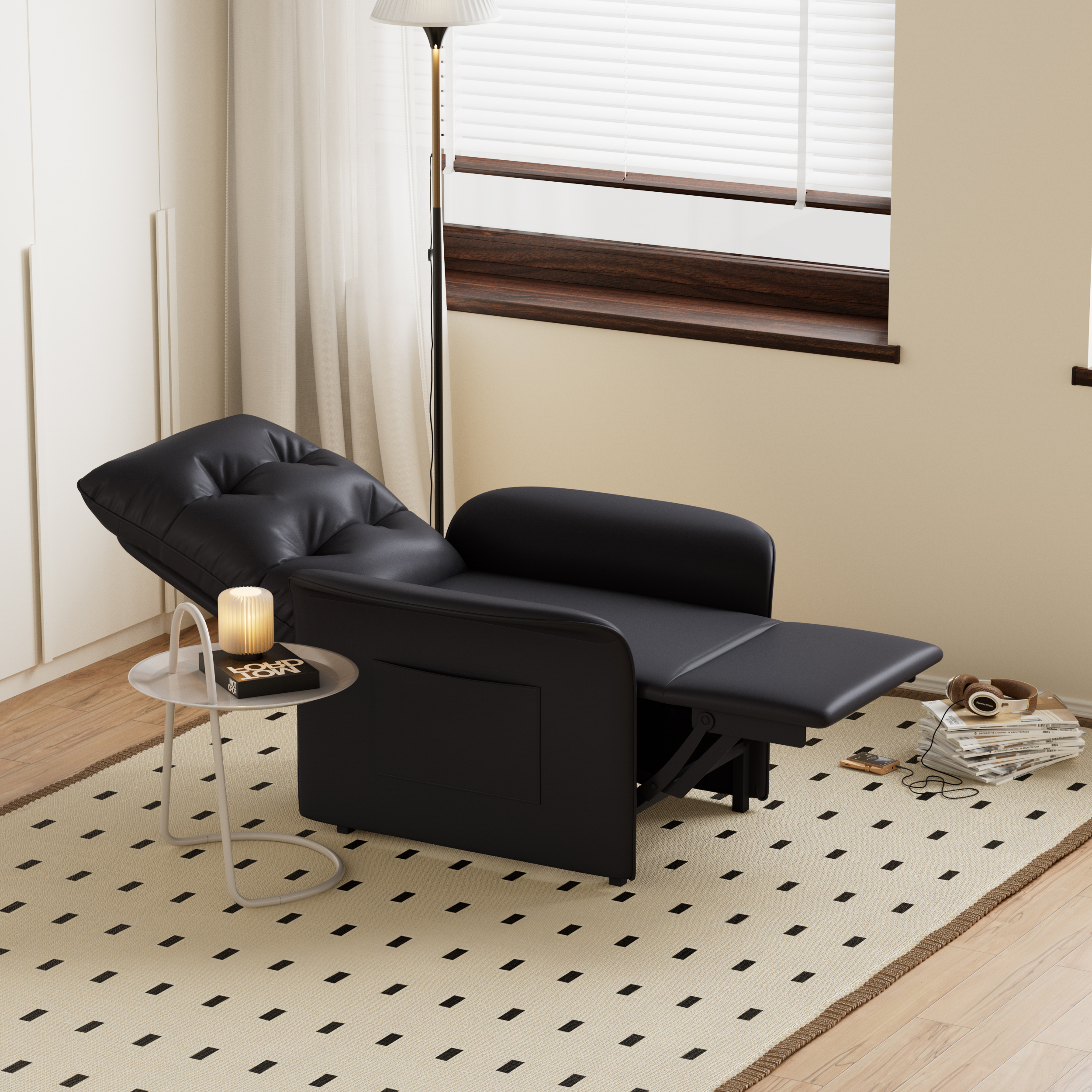 Modern Black Leather Power Recliner High Back Sleeper Chair with Side Pocket