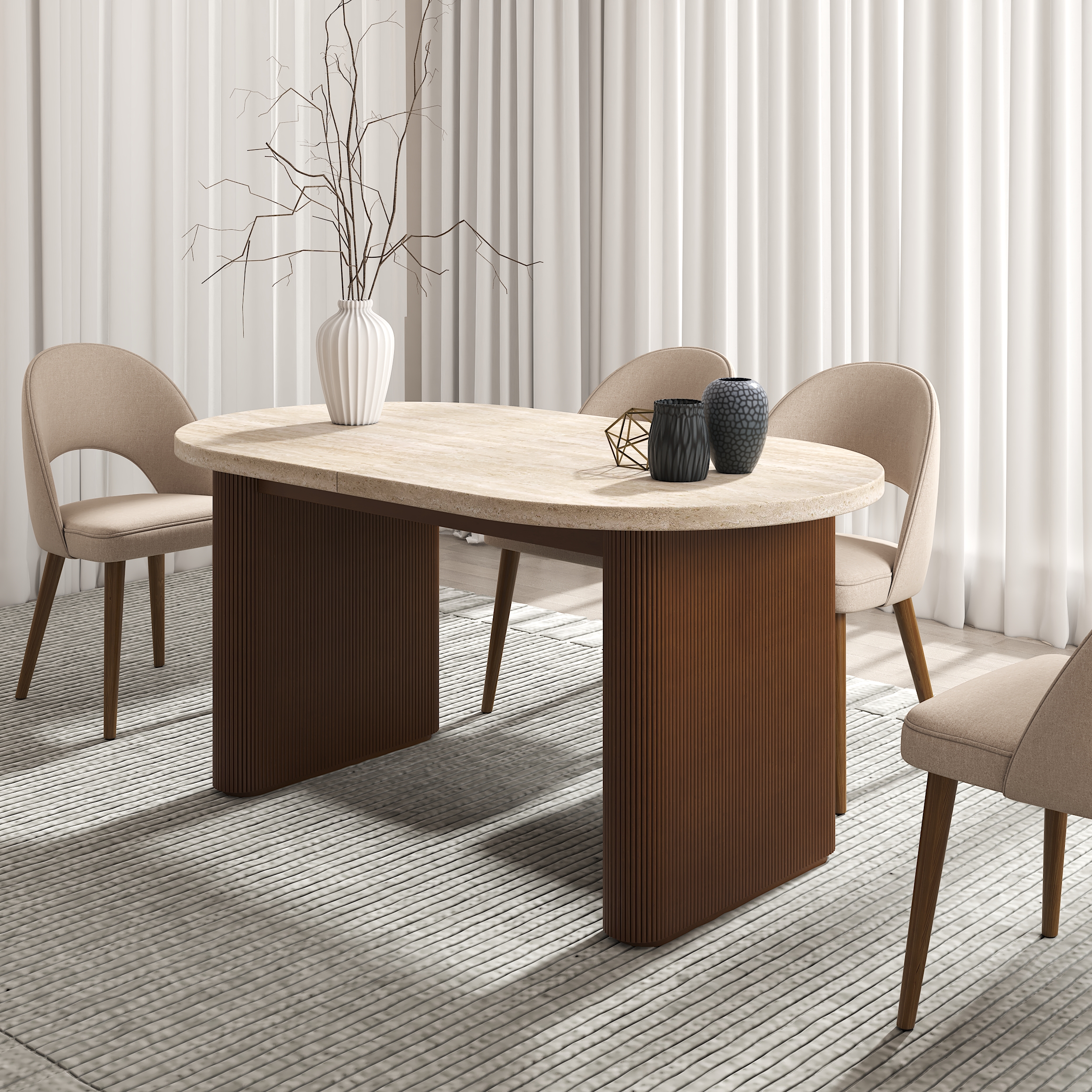 Fluve 2000mm-2400mm Oval Extendable Dining Table Matte Travertine Seats 6-8 People
