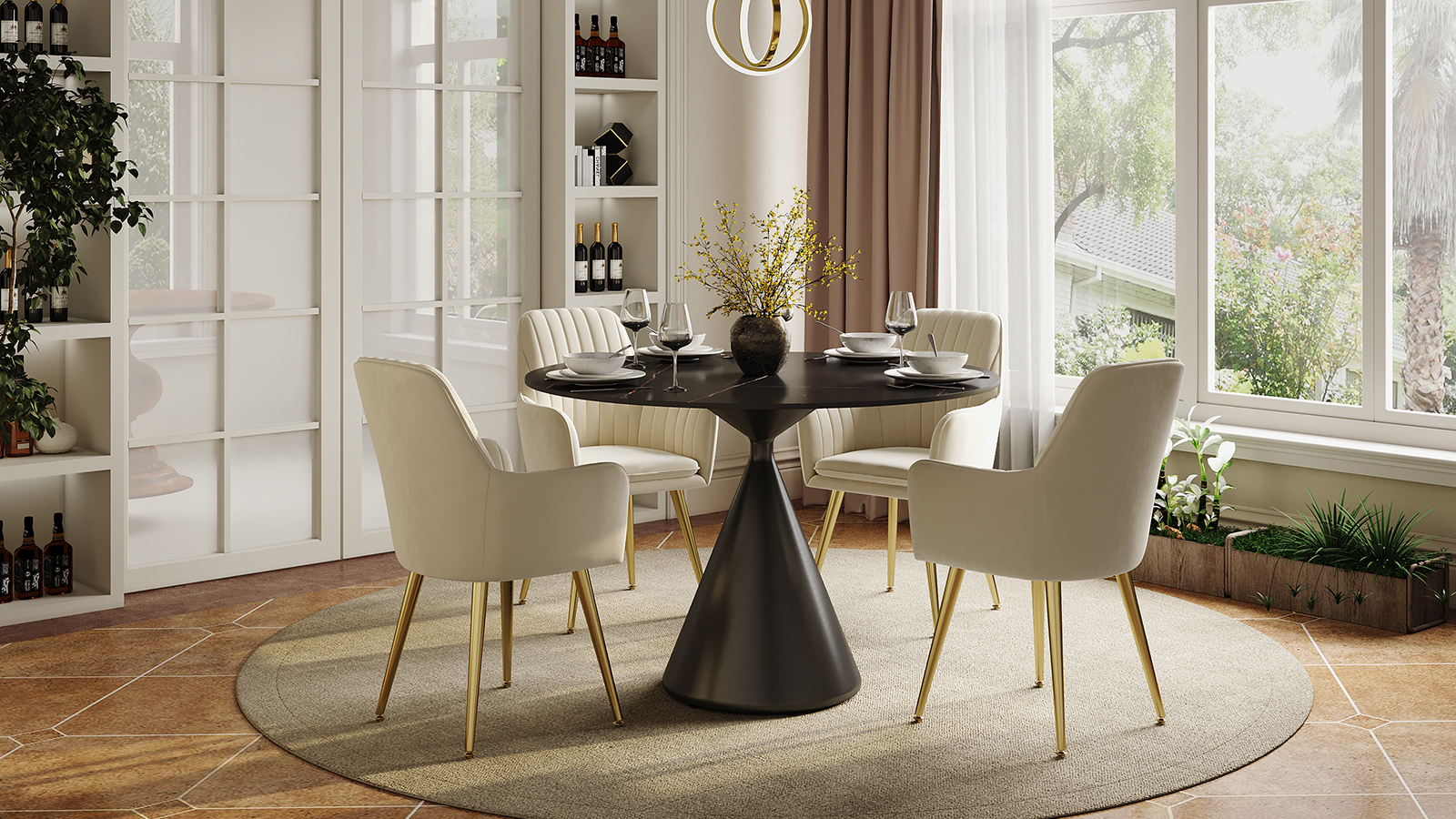 1000mm Sintered Stone Round Dining Table with Brushed Black Base