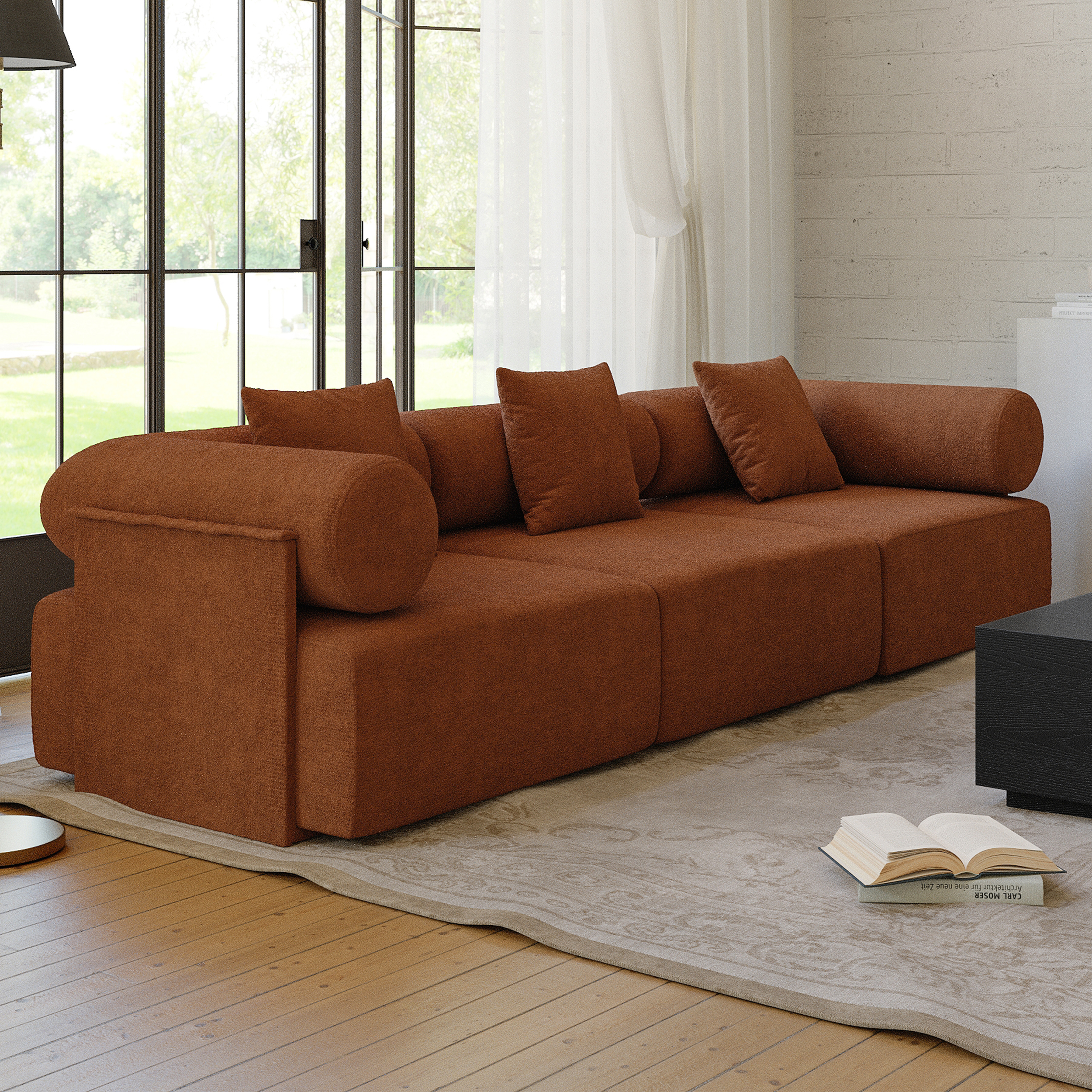110" 3-Piece Modular Rust Performance ChenilleVelvet 3-Seater Sofa