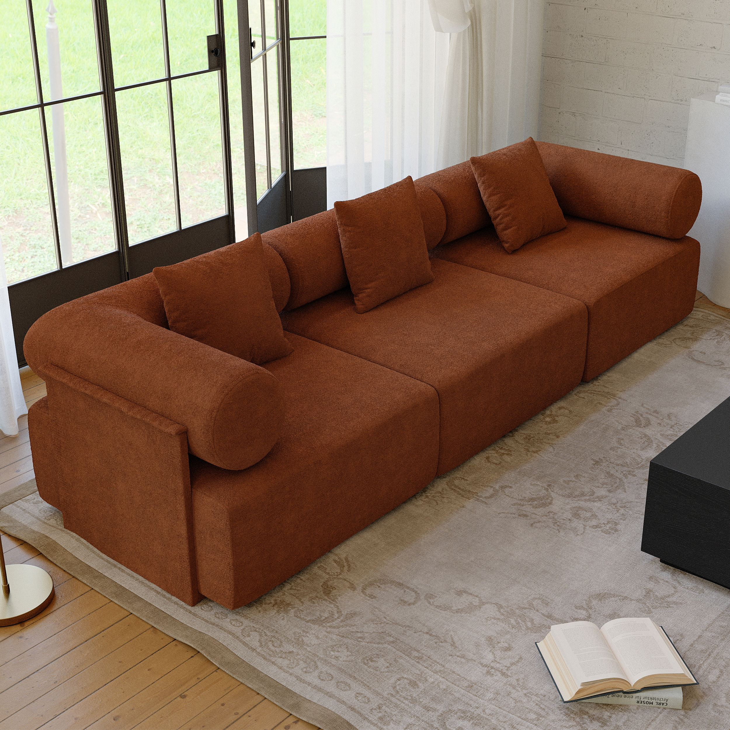 110" 3-Piece Modular Rust Performance ChenilleVelvet 3-Seater Sofa