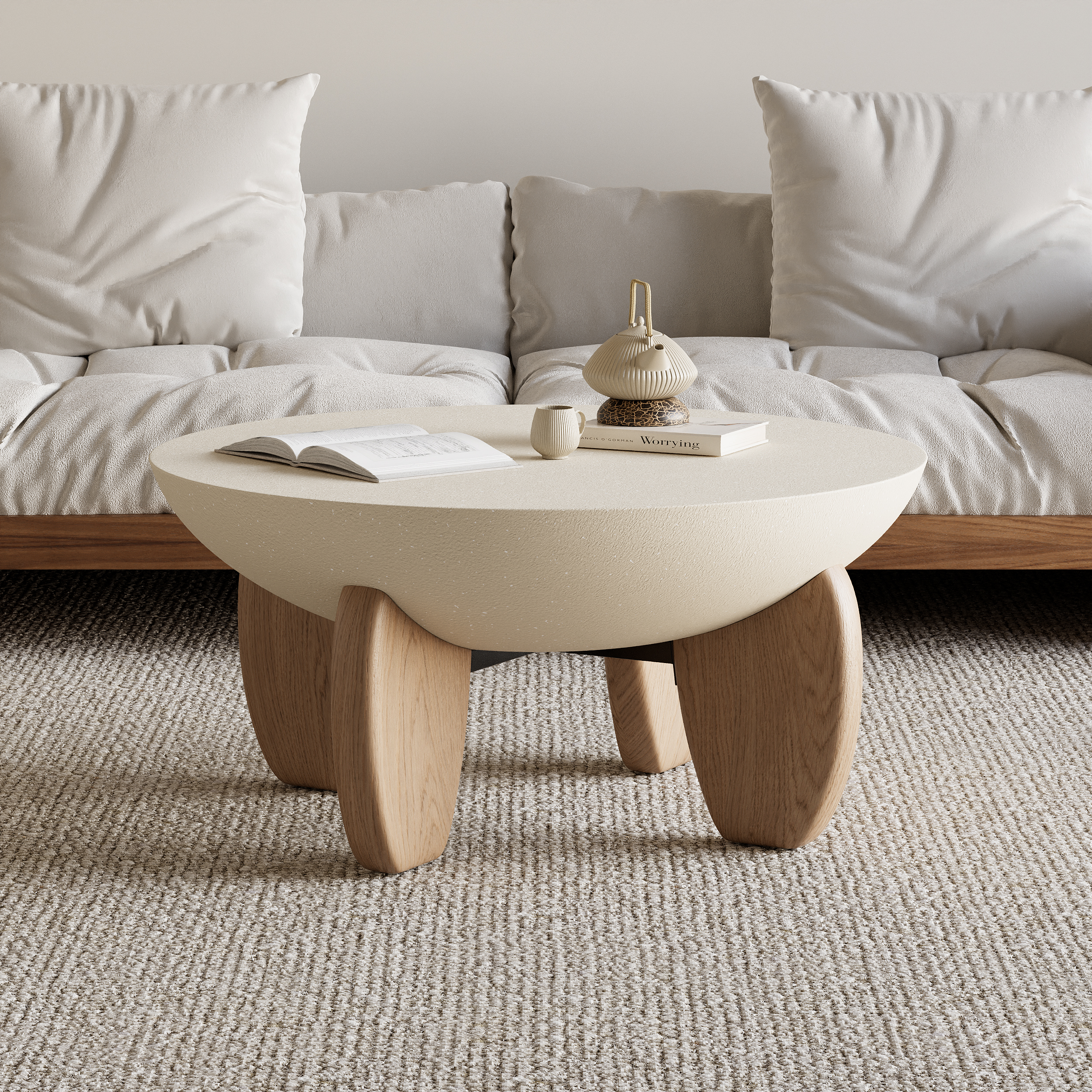 Curva Round Small Modern Beige & Natural Coffee Table Concrete & Wood Accent Table