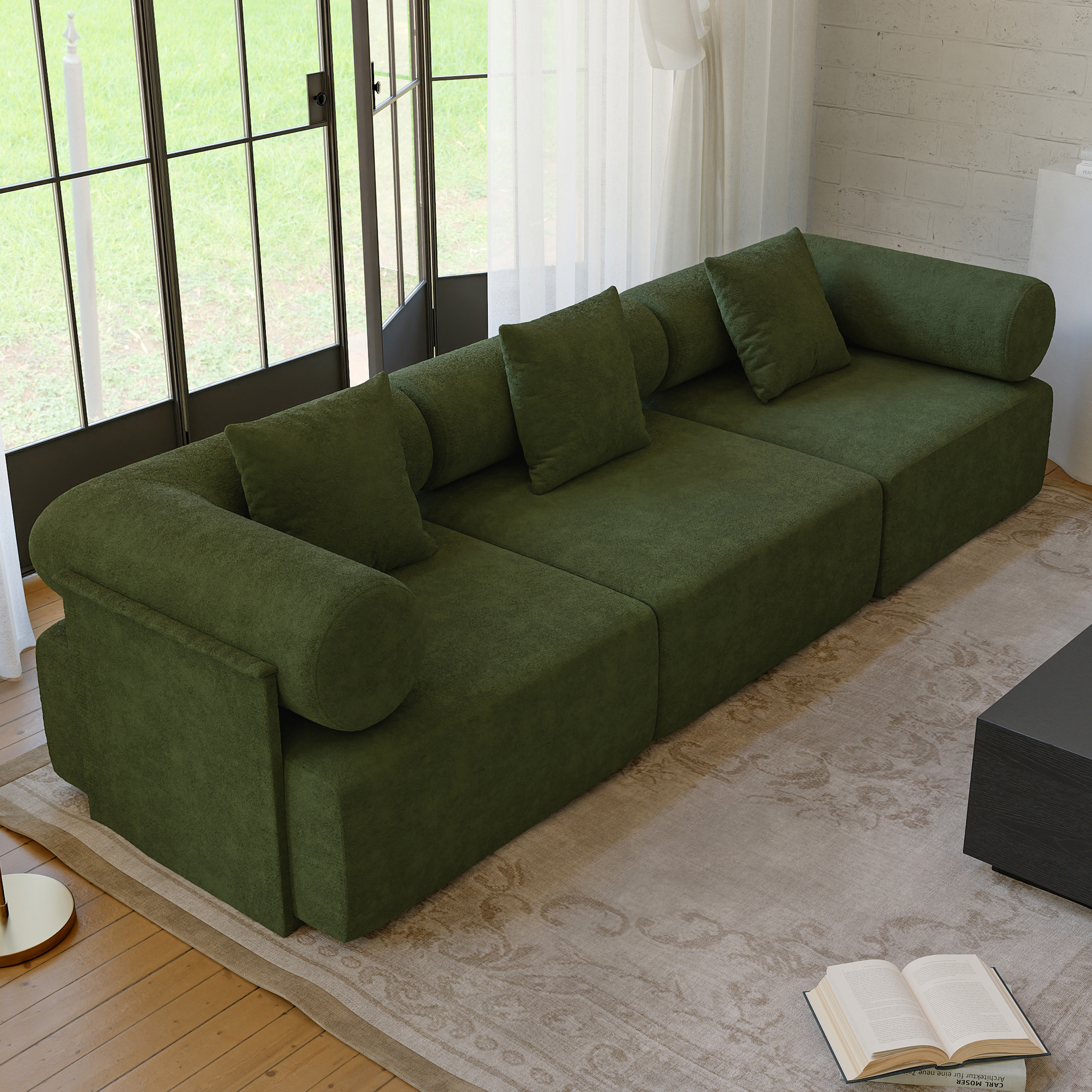 110" 3-Piece Modular Green Performance ChenilleVelvet 3-Seater Sofa