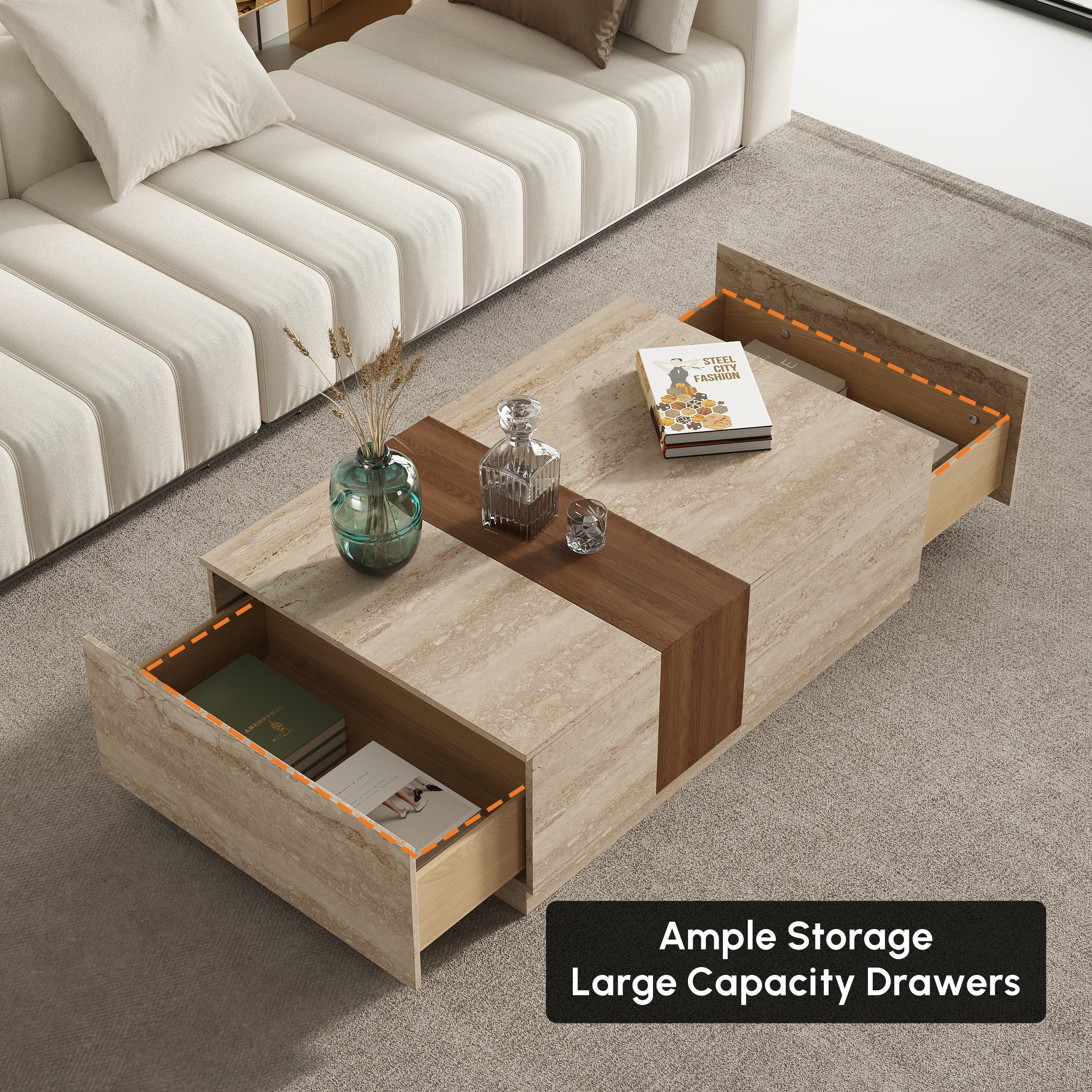 Vewal 1200mm Walnut Veneer Block Coffee Table with 2 Drawers｜Homary