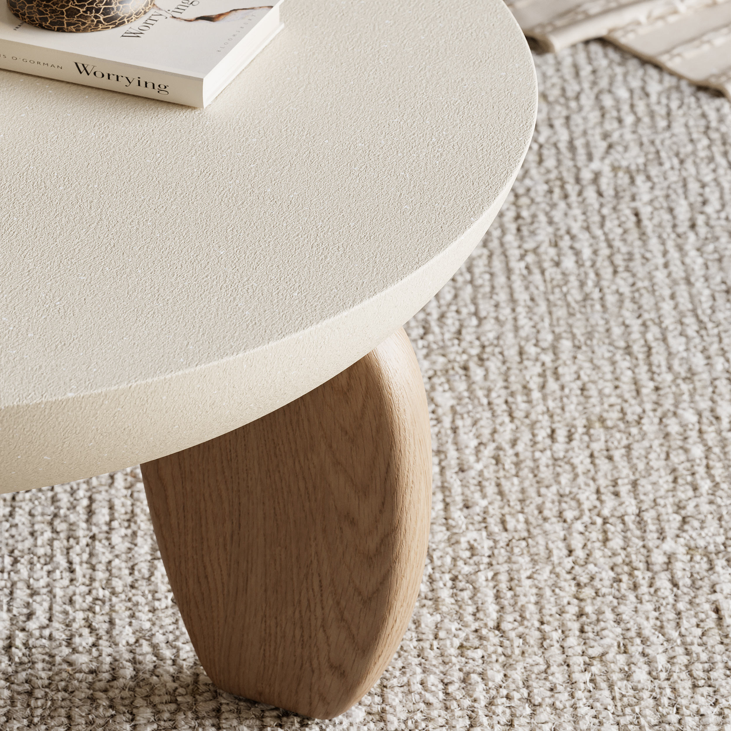 Curva Round Small Modern Beige & Natural Coffee Table Concrete & Wood Accent Table