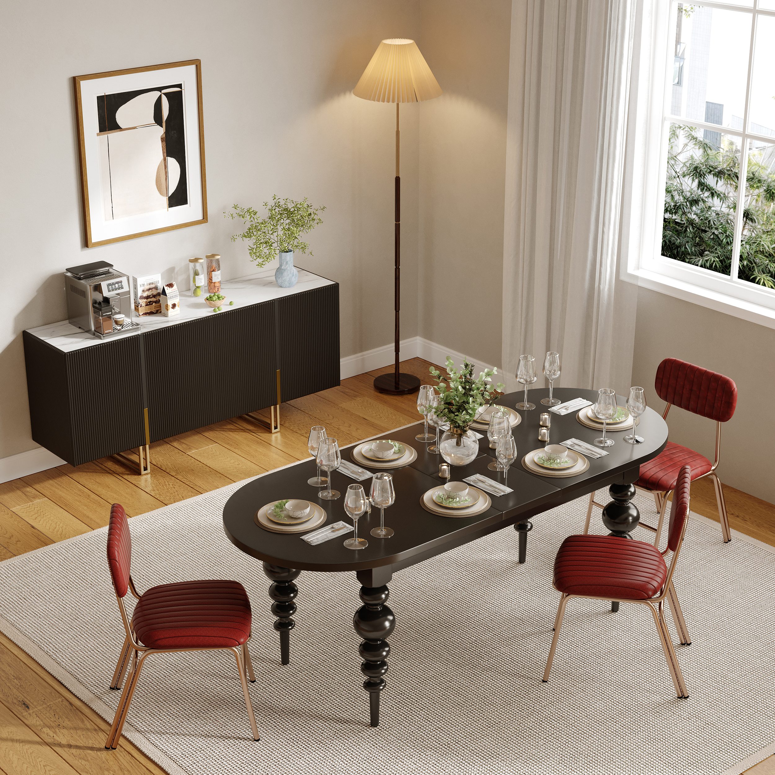 Grovyn 63" Buffet Sideboard Sintered Stone Top Black Fluted with Adjustable Shelves