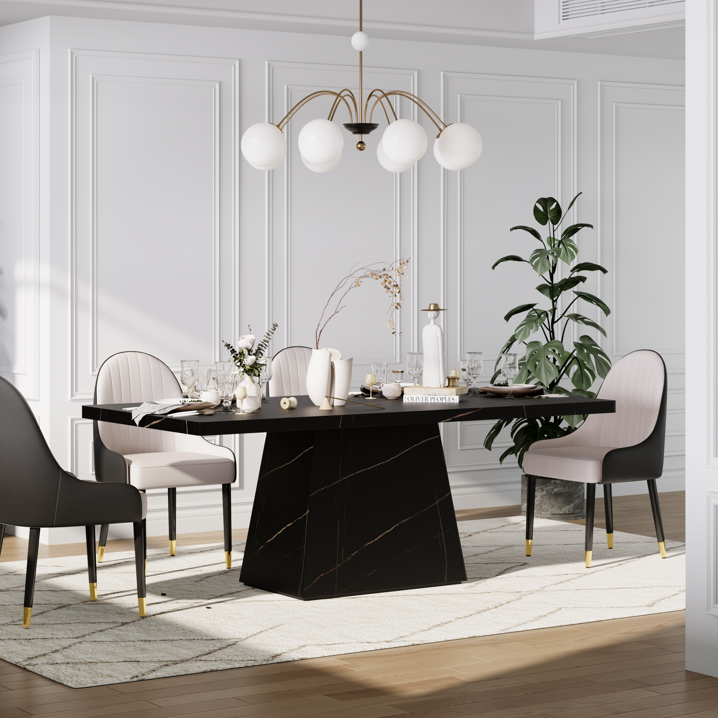 79" Modern Rectangular Faux Travertine Dining Table, Indoor/Outdoor, Seats 6-8