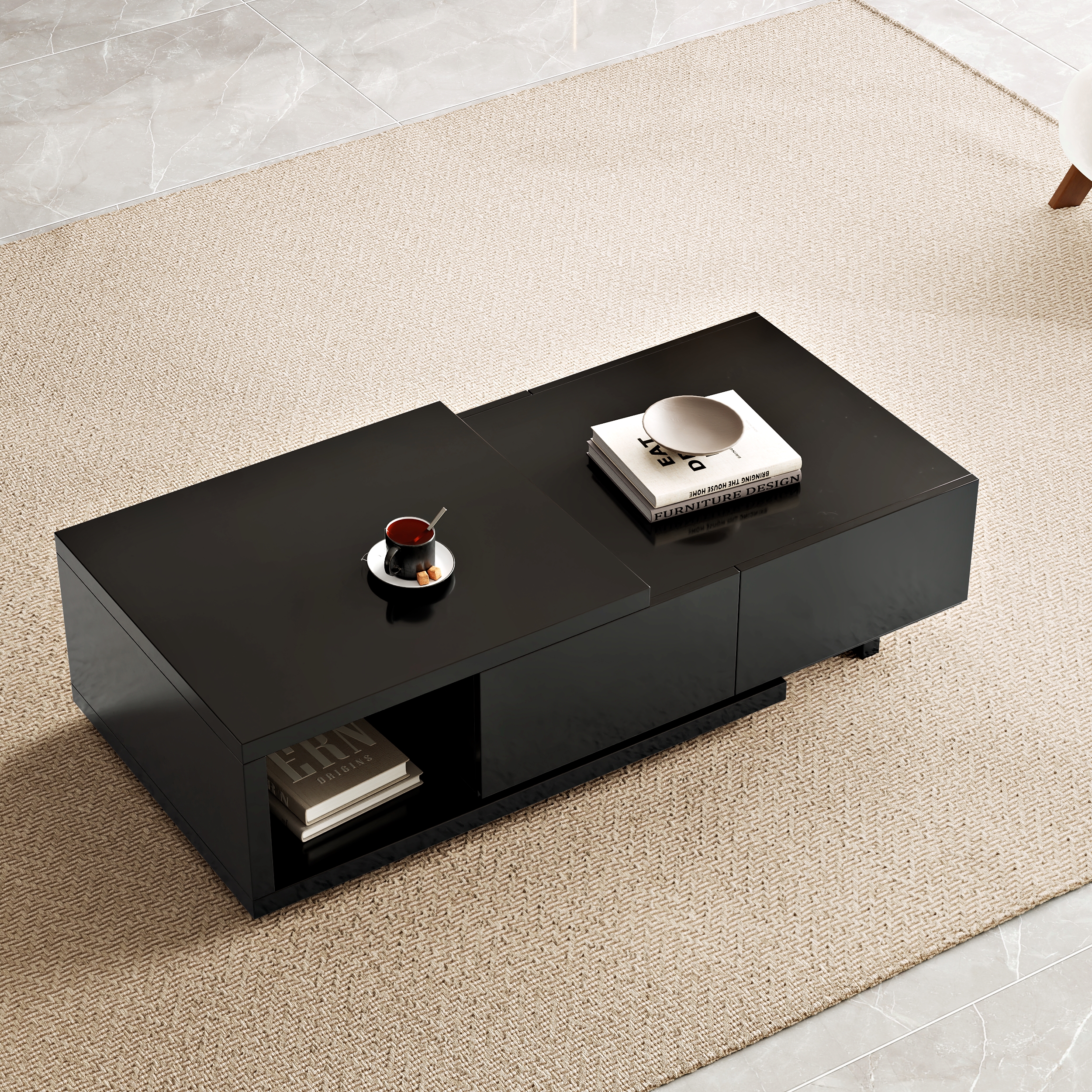 Quoint 68.9" Modern White & Black Coffee Table Retracted & Extendable with 2-Drawer