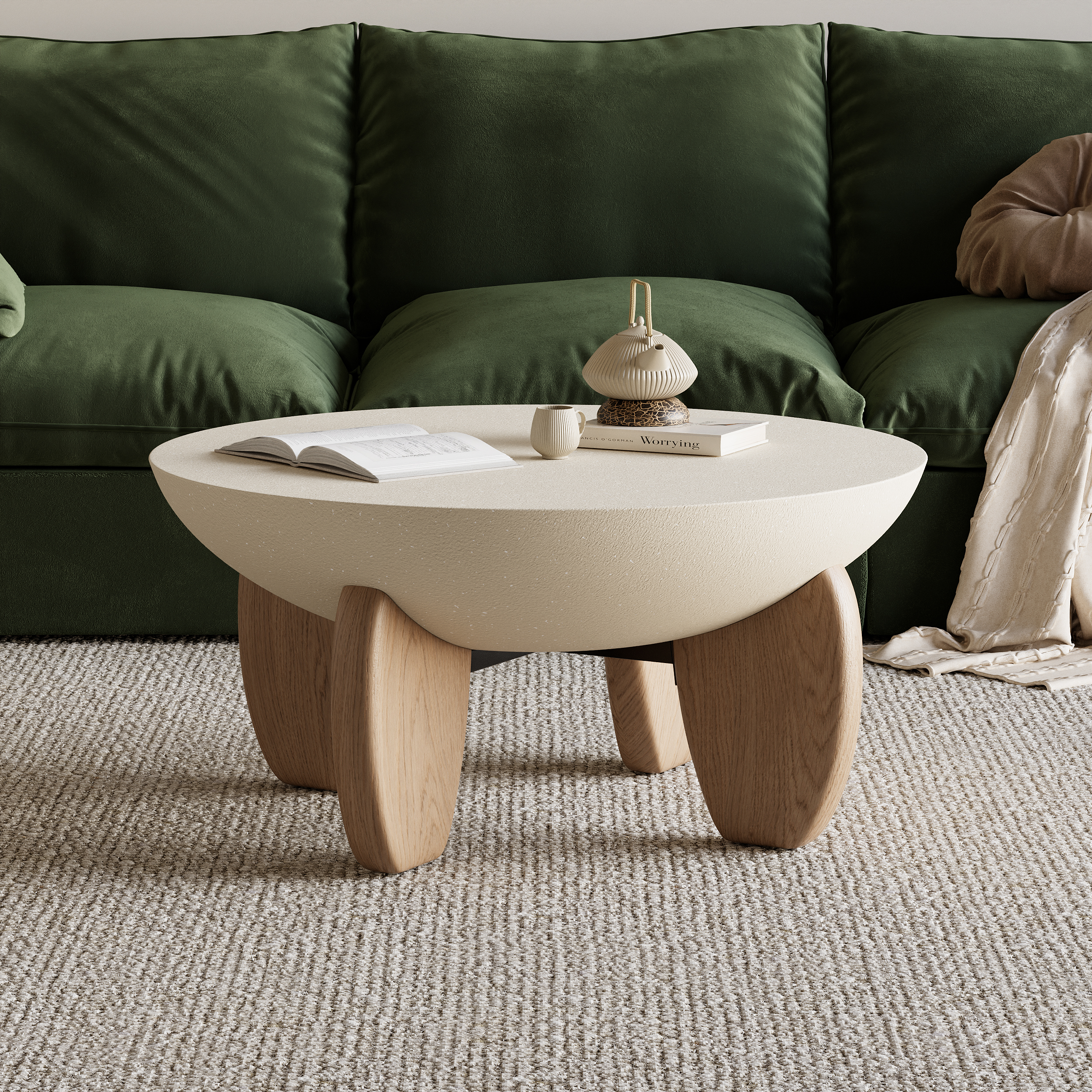 Curva Round Small Modern Beige & Natural Coffee Table Concrete & Wood Accent Table