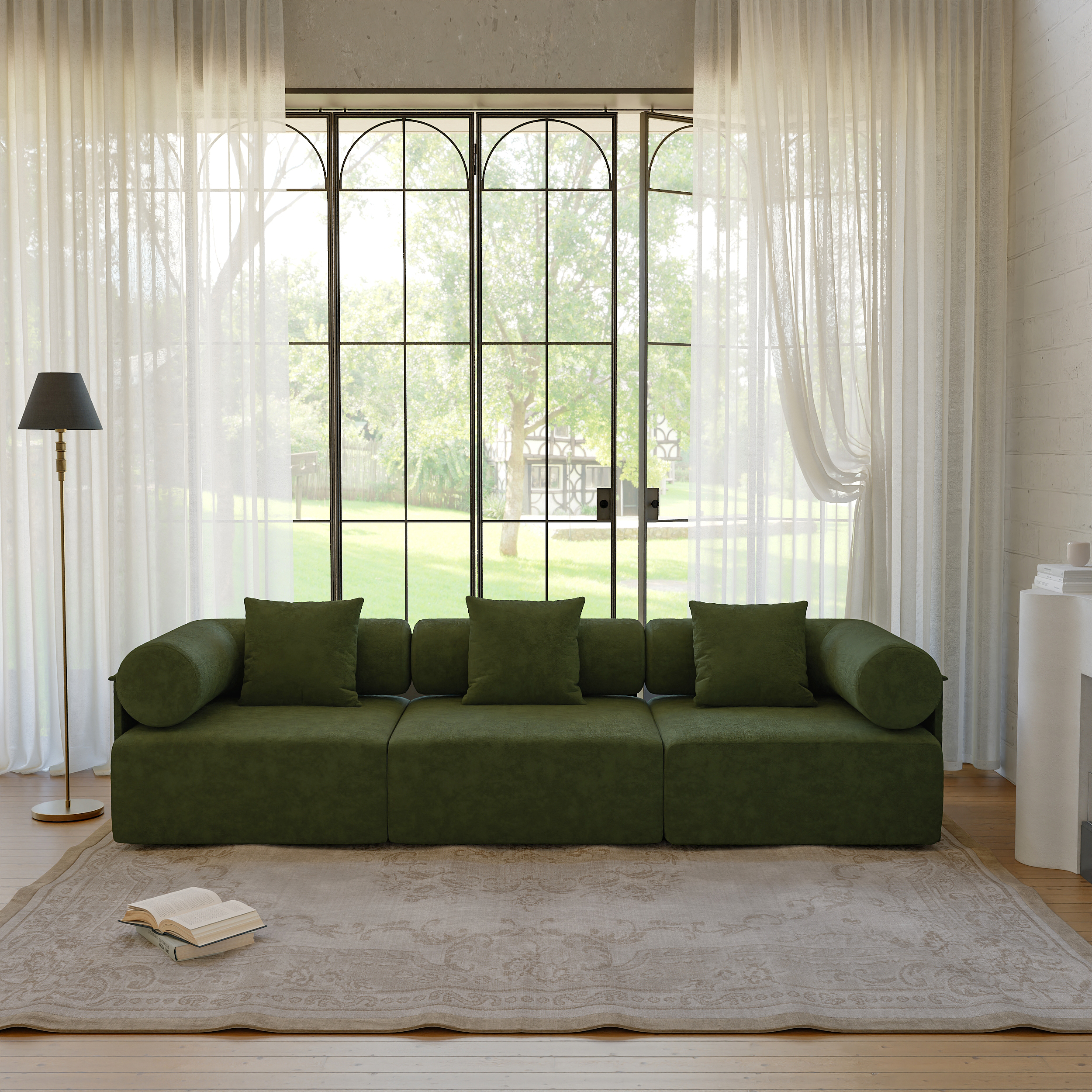 110" 3-Piece Modular Green Performance ChenilleVelvet 3-Seater Sofa