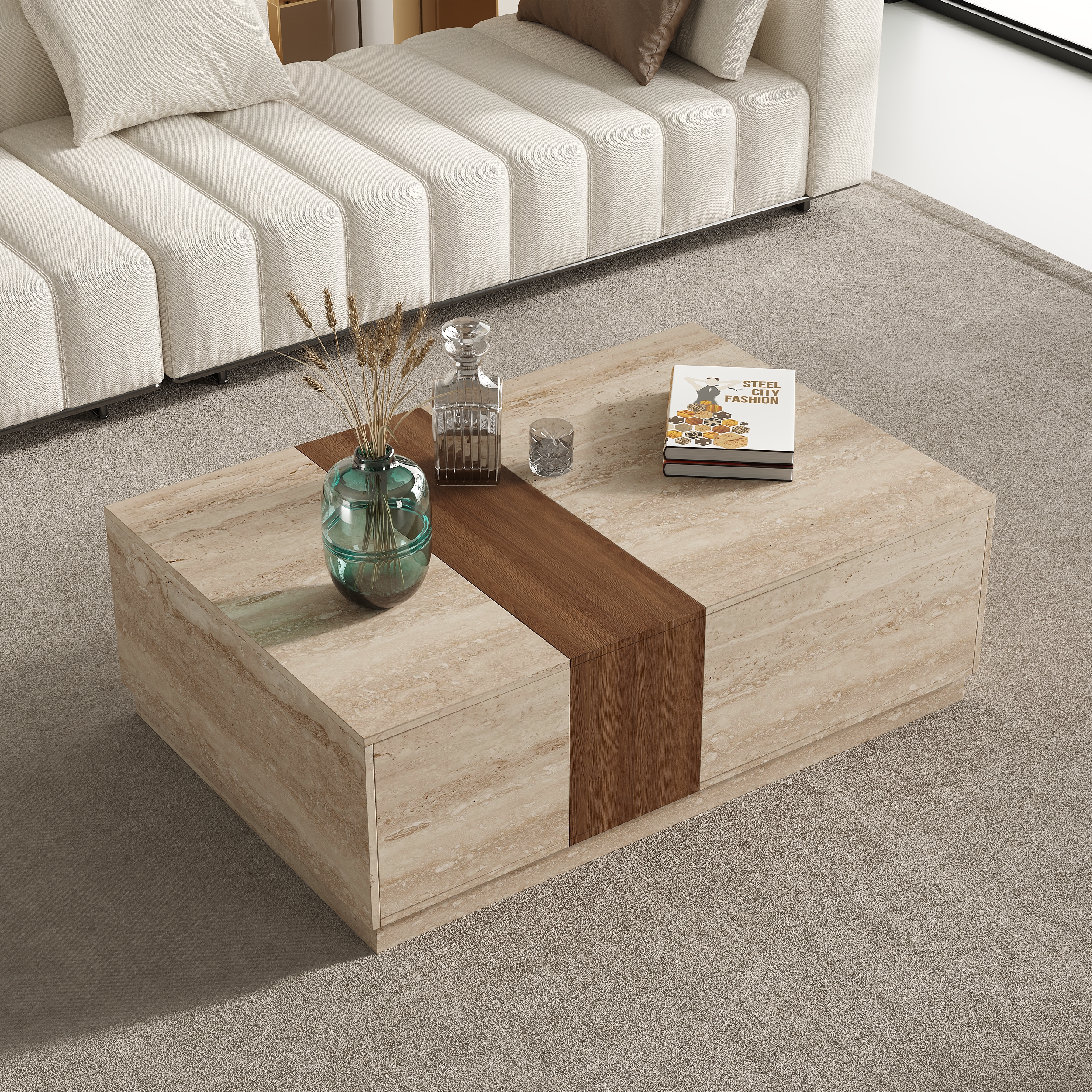 47.2" Vewal Wood Block Coffee Table Travertine Veneer in Black with 2 Drawers