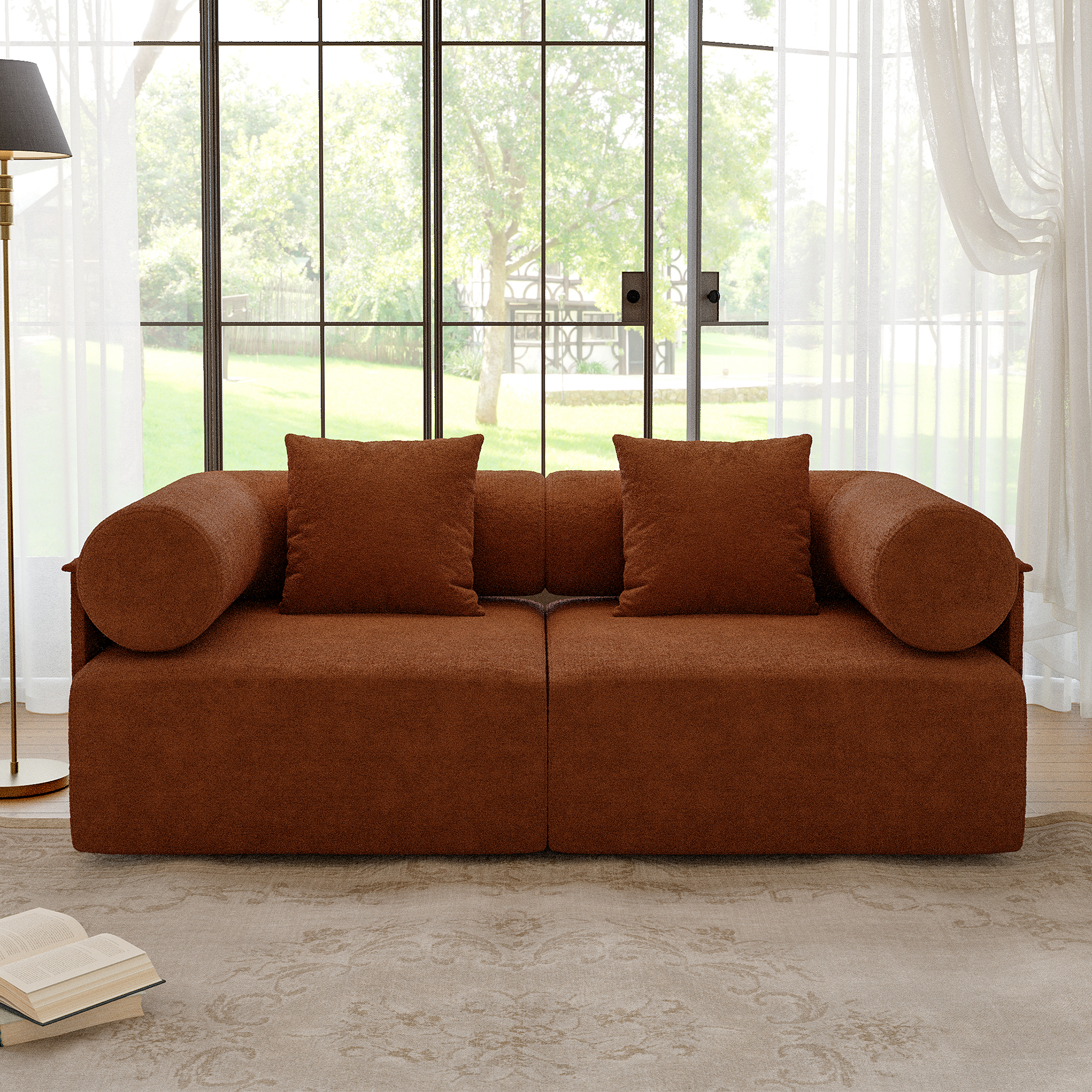 74.8" 2-Piece Modular Rust Performance Chenille Velvet 2-Seater Sofa