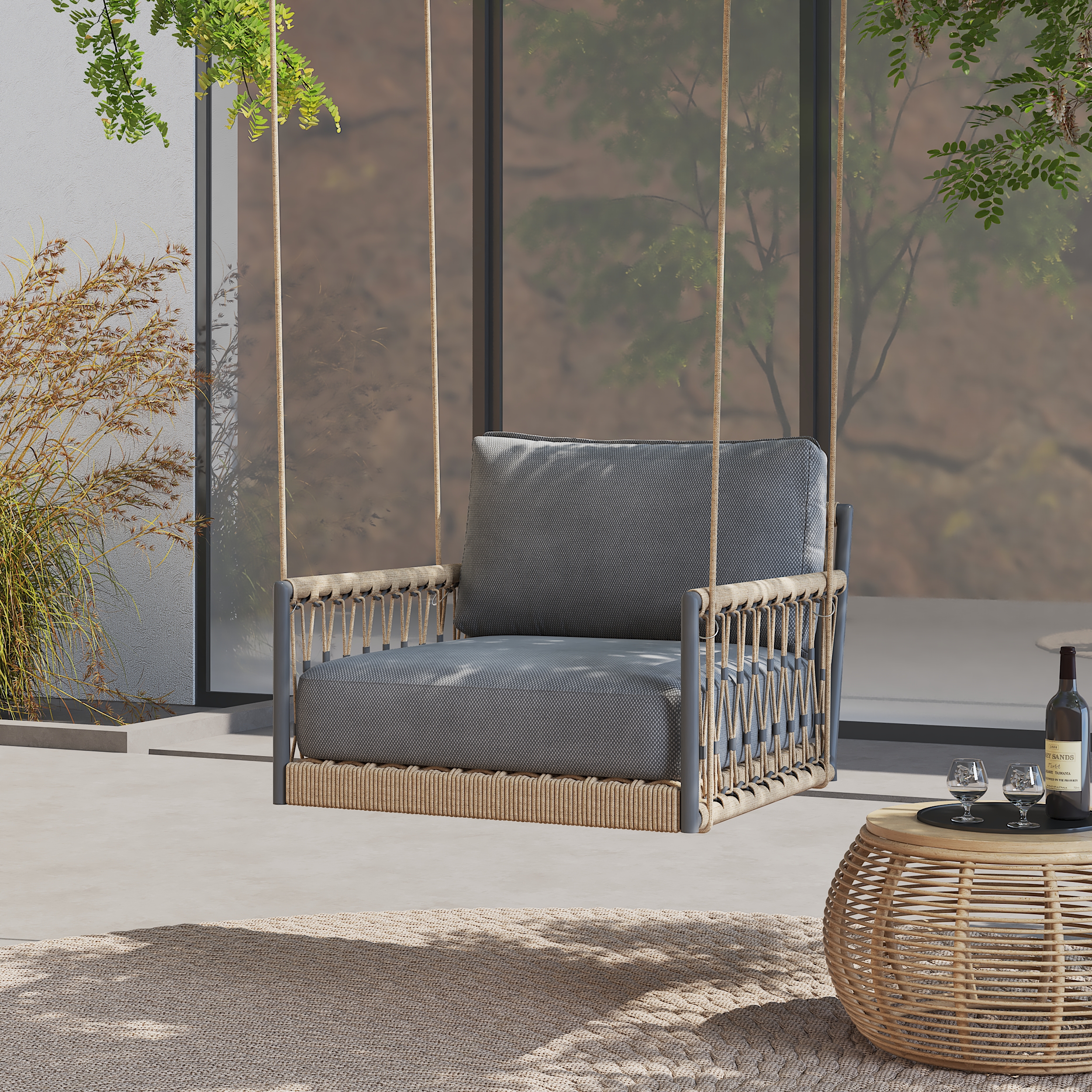 Ropipe Boho Khaki Hand Woven Rope Outdoor Patio 1-Seater Swing Sofa Arm Chair with Gray Cushion