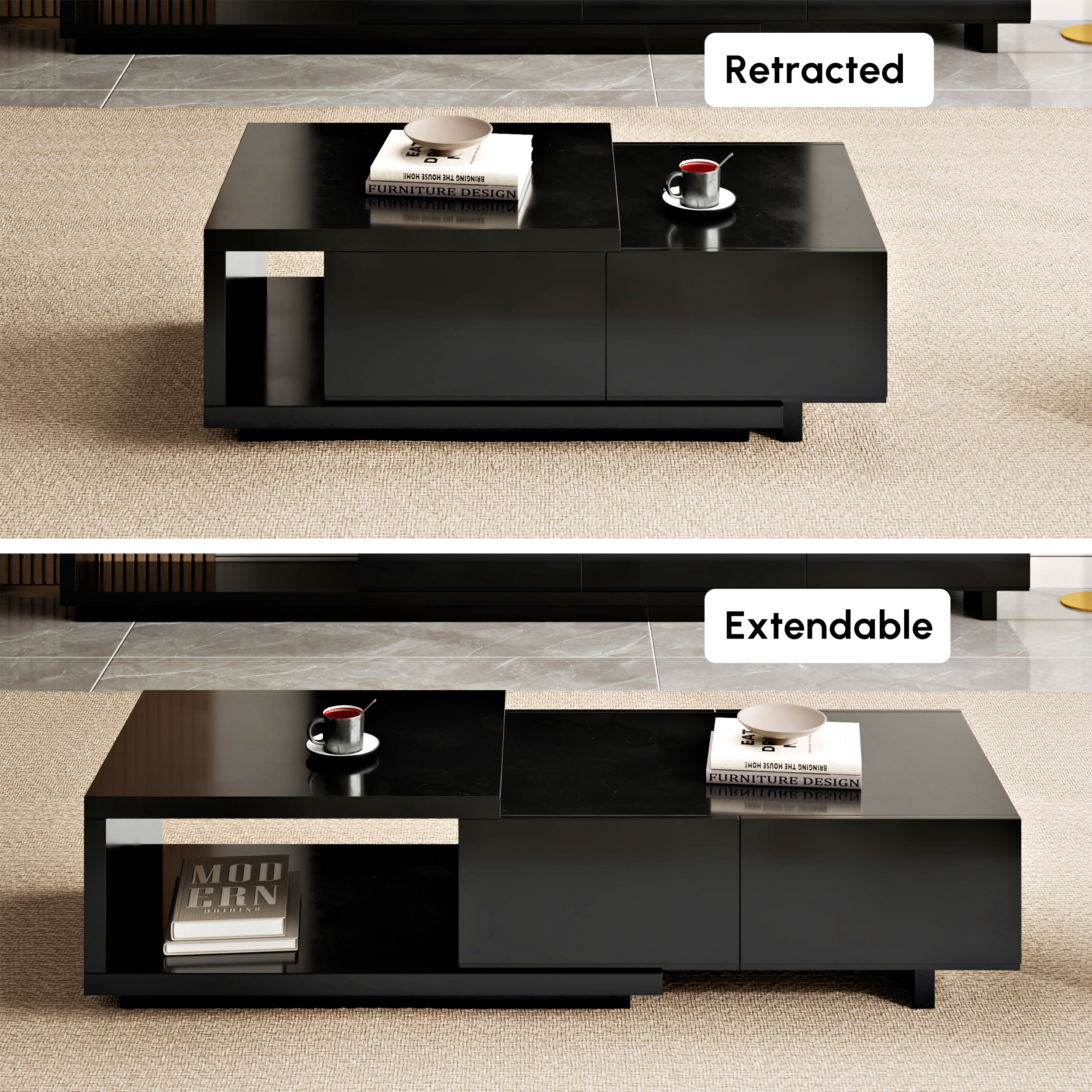 Quoint Black Extendable Coffee Table with 2 Drawers(1200mm-1750mm