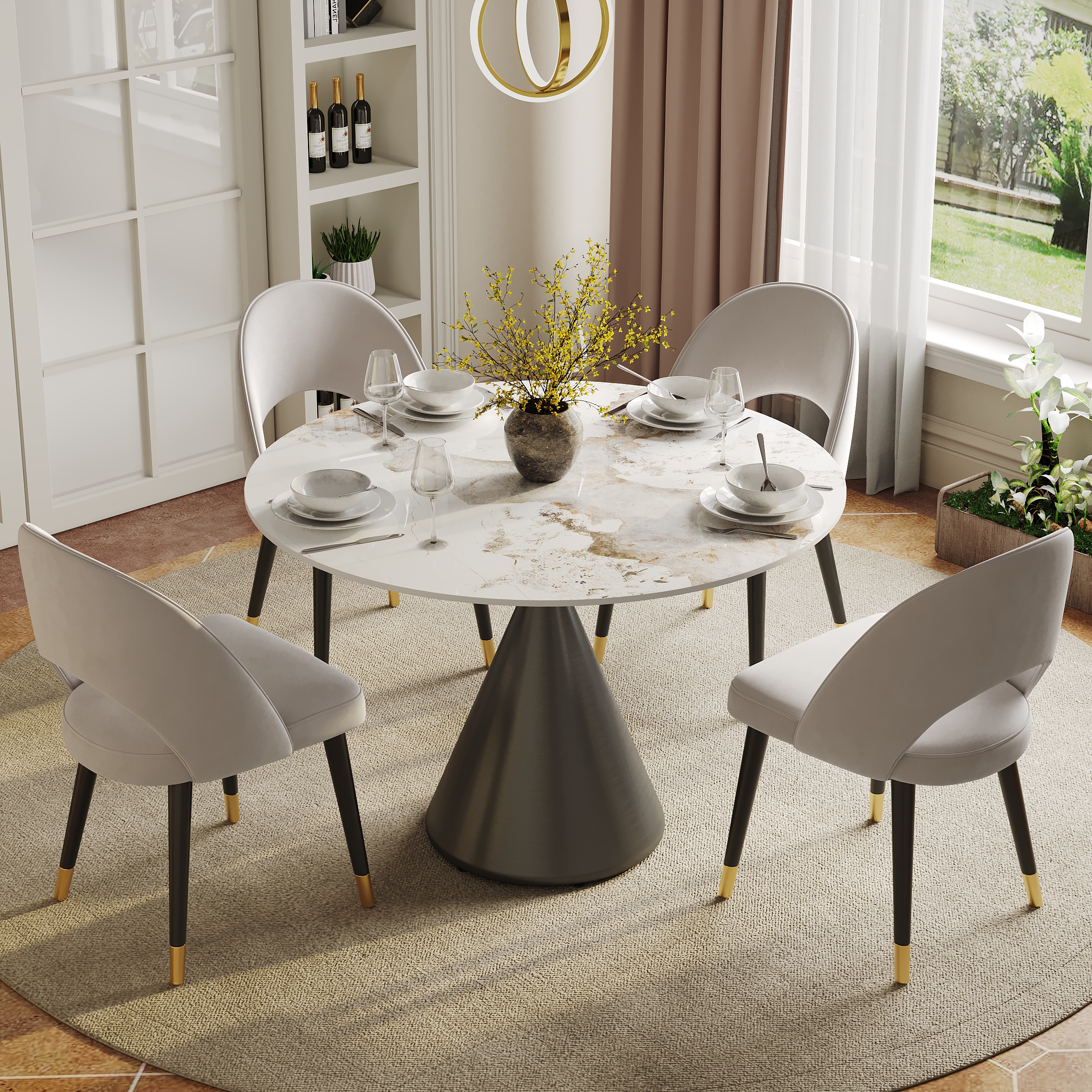 39" Pandora Faux Marble Round Dining Table with Glossy Black Base for 4 People