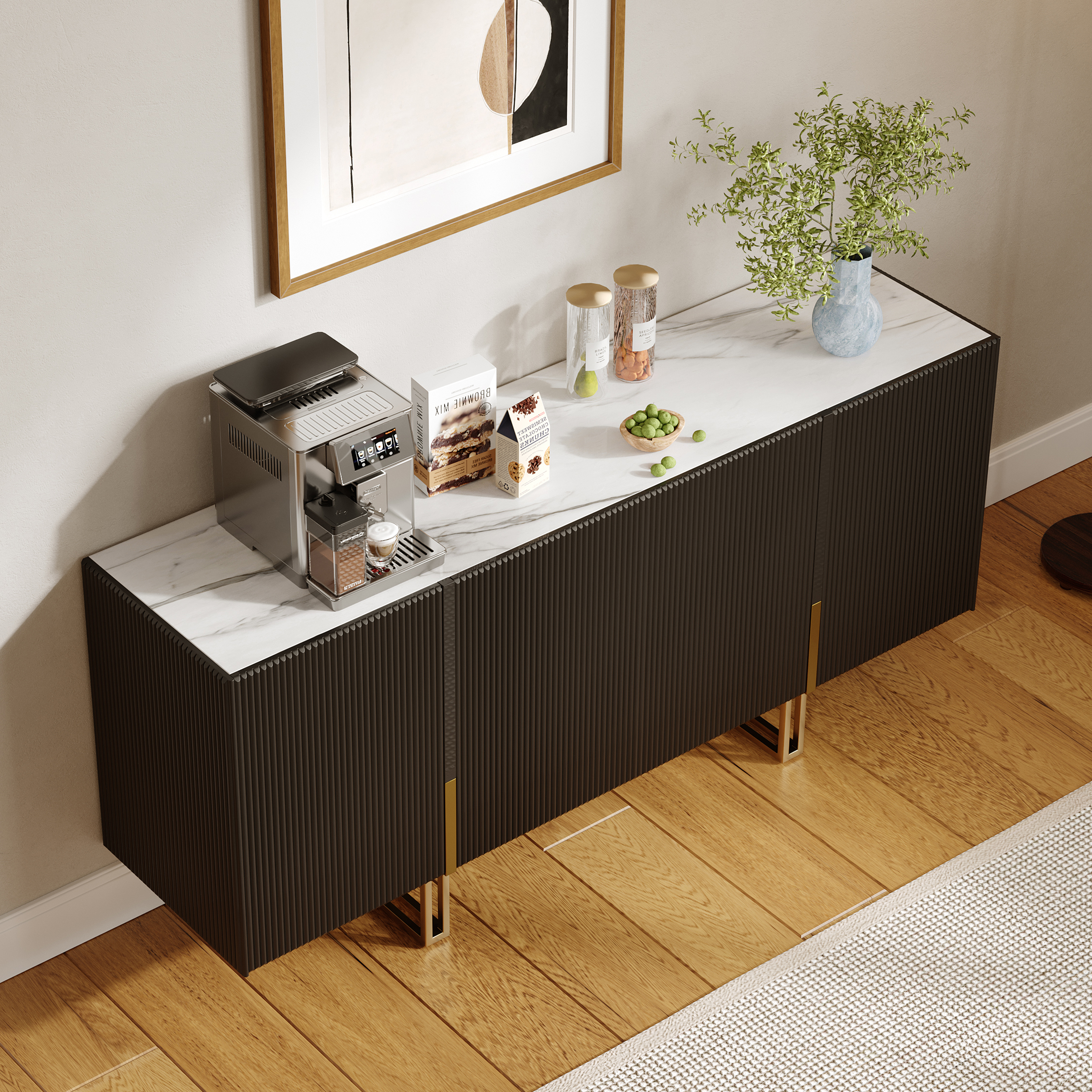 Grovyn 63" Buffet Sideboard Sintered Stone Top Black Fluted with Adjustable Shelves