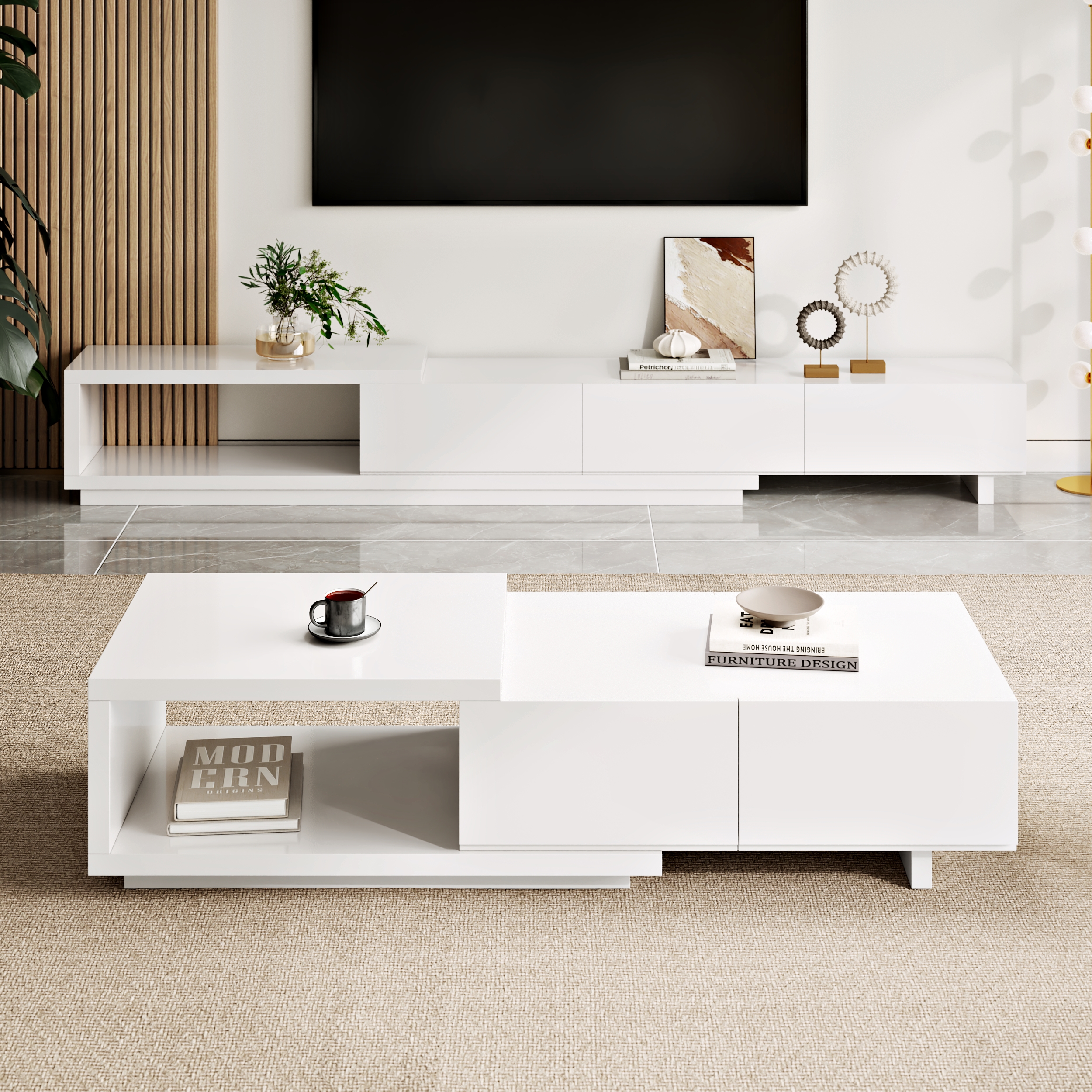Quoint 68.9" Modern White Coffee Table Retracted & Extendable with 2-Drawer