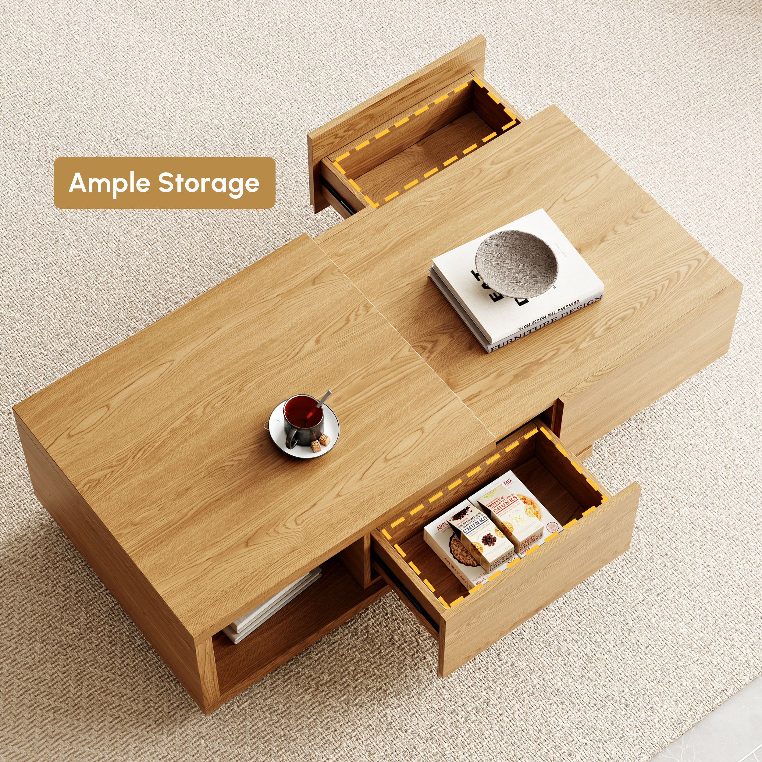 Quoint Natural Extendable Coffee Table with 2 Drawers(1200mm