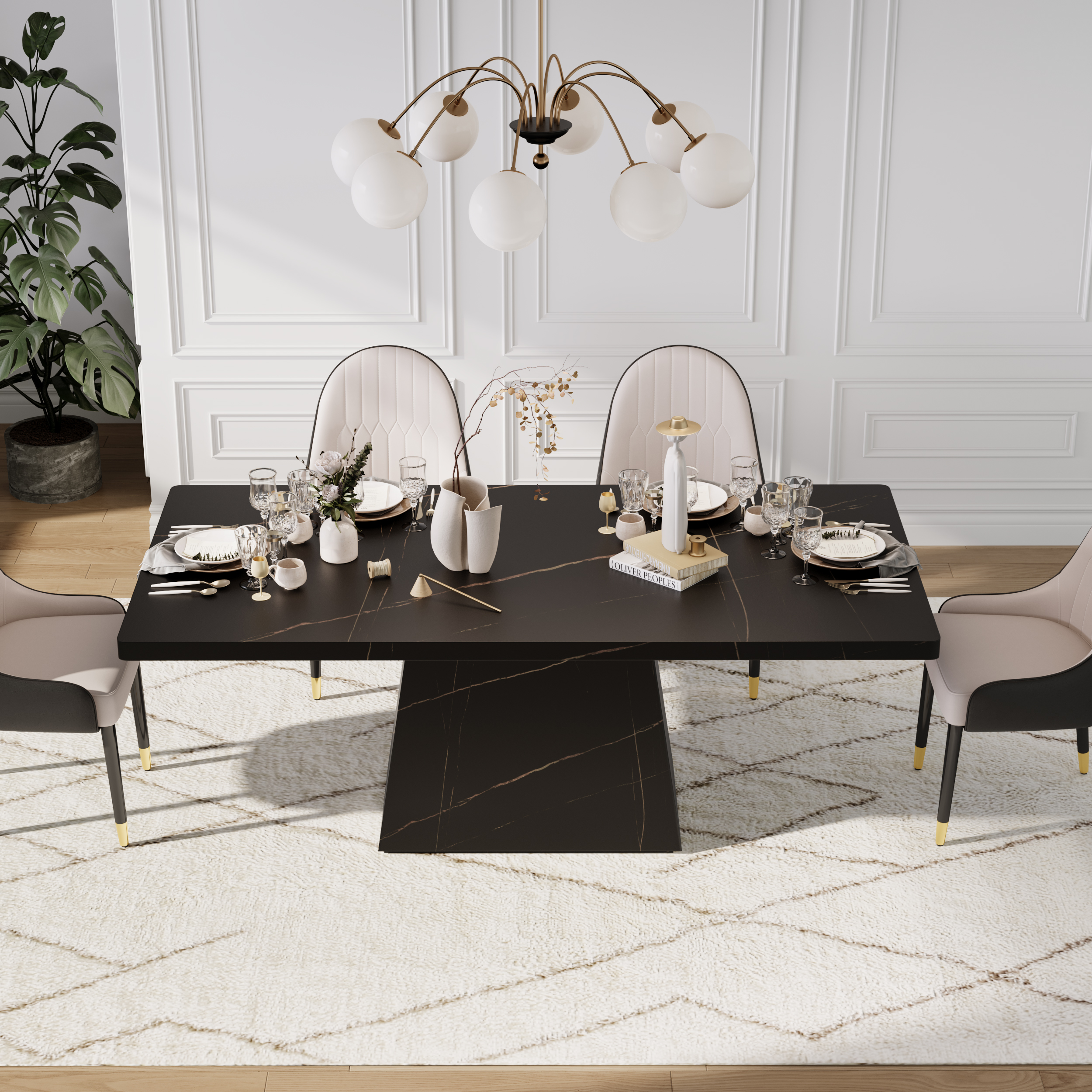 79" Modern Rectangular Faux Travertine Dining Table, Indoor/Outdoor, Seats 6-8