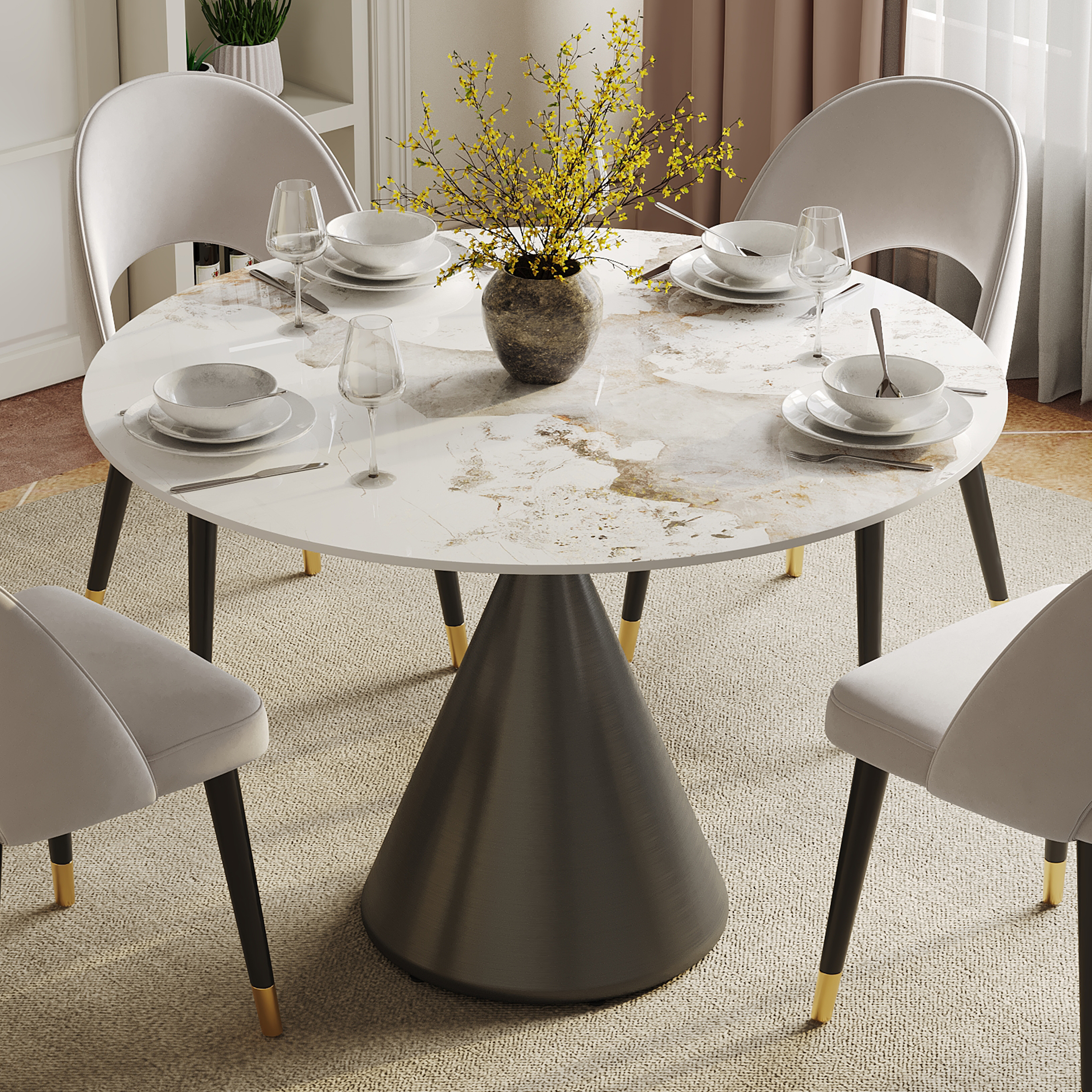 Mesa de comedor redonda de piedra sinterizada de 1000 mm con base negra cepillada con capacidad para 2-4 personas
