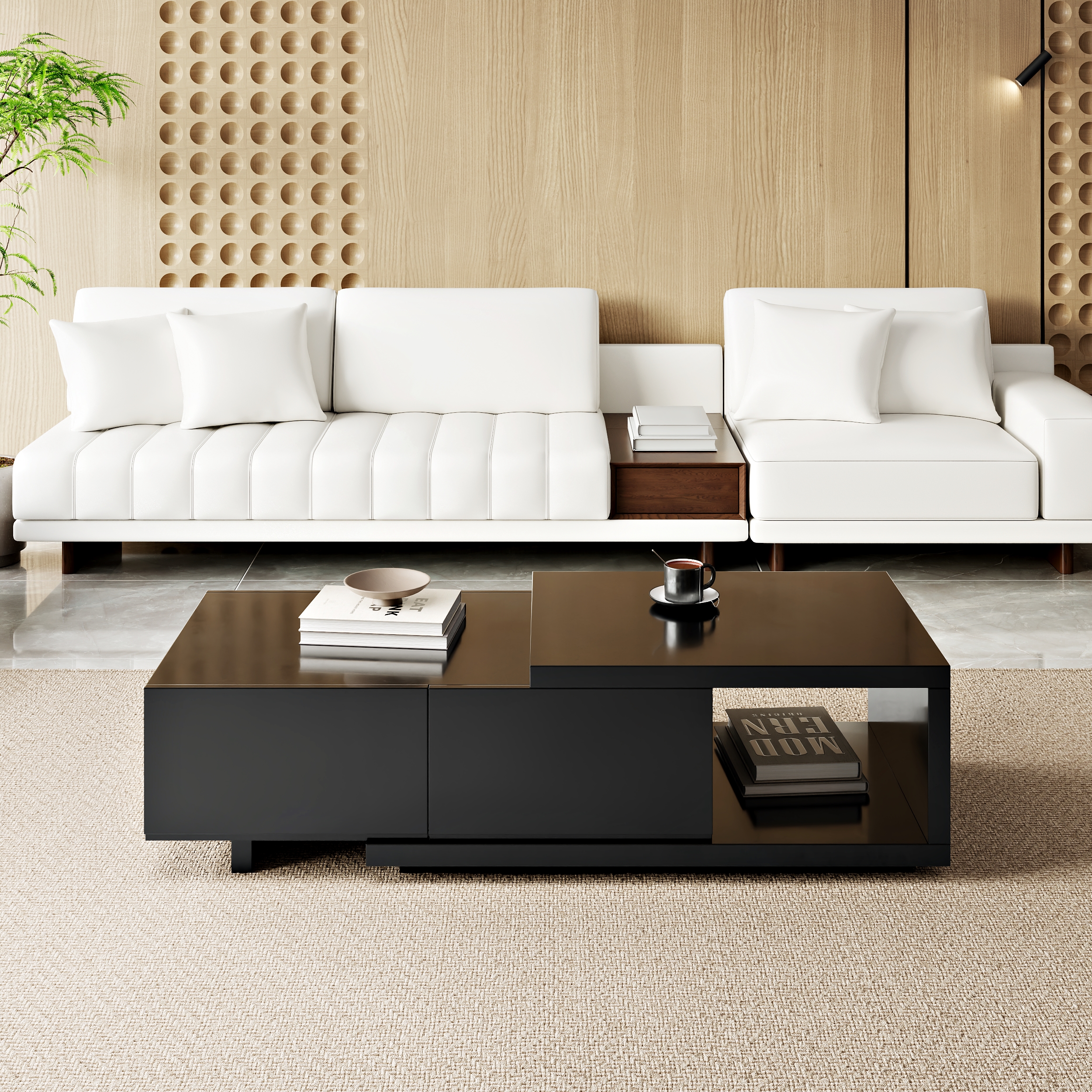 Quoint 68.9" Modern White & Black Coffee Table Retracted & Extendable with 2-Drawer
