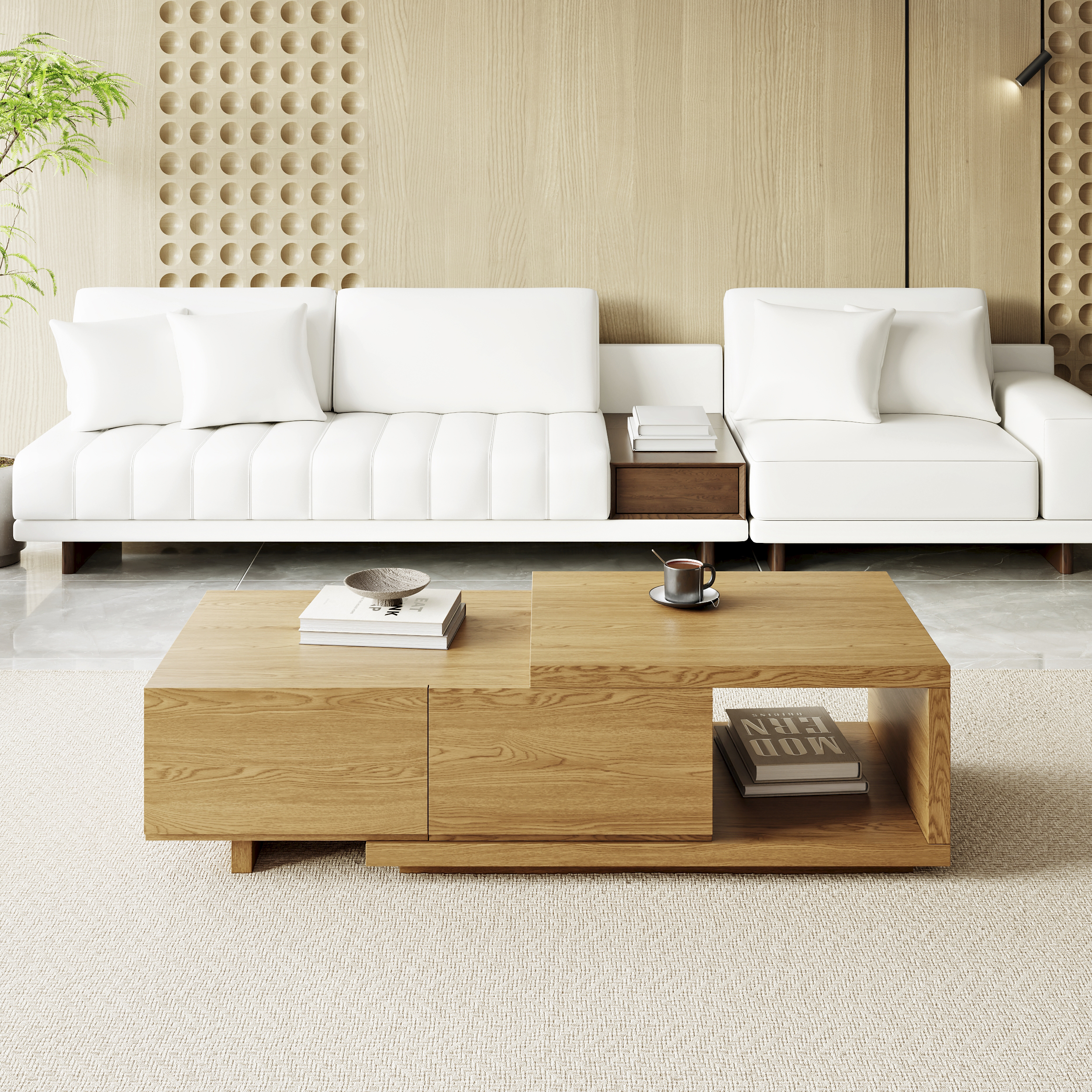Quoint 68.9" Modern Natural Coffee Table Retracted & Extendable with 2-Drawer