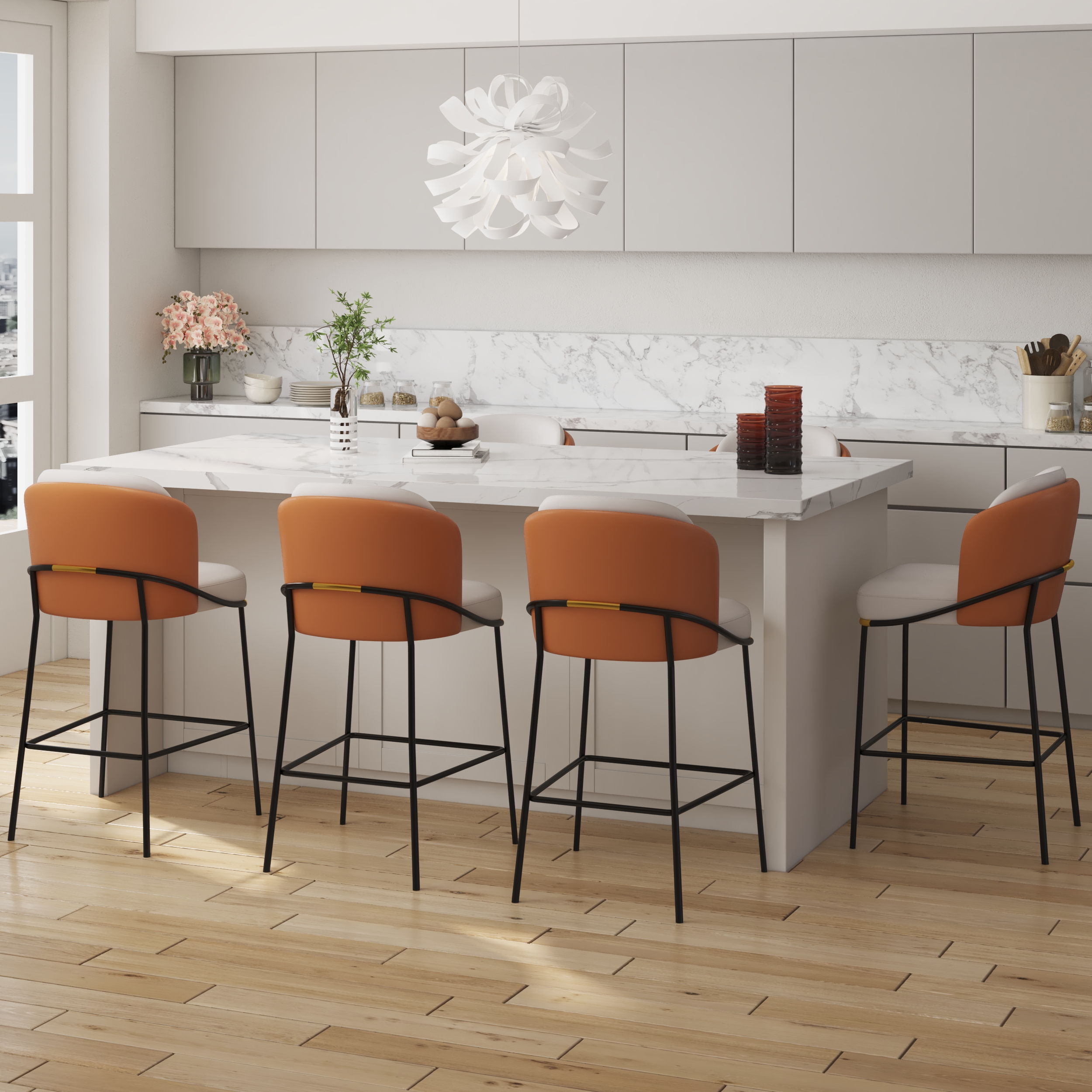 Modern PU Leather Breakfast Counter Stool Orange with Back & Footrest