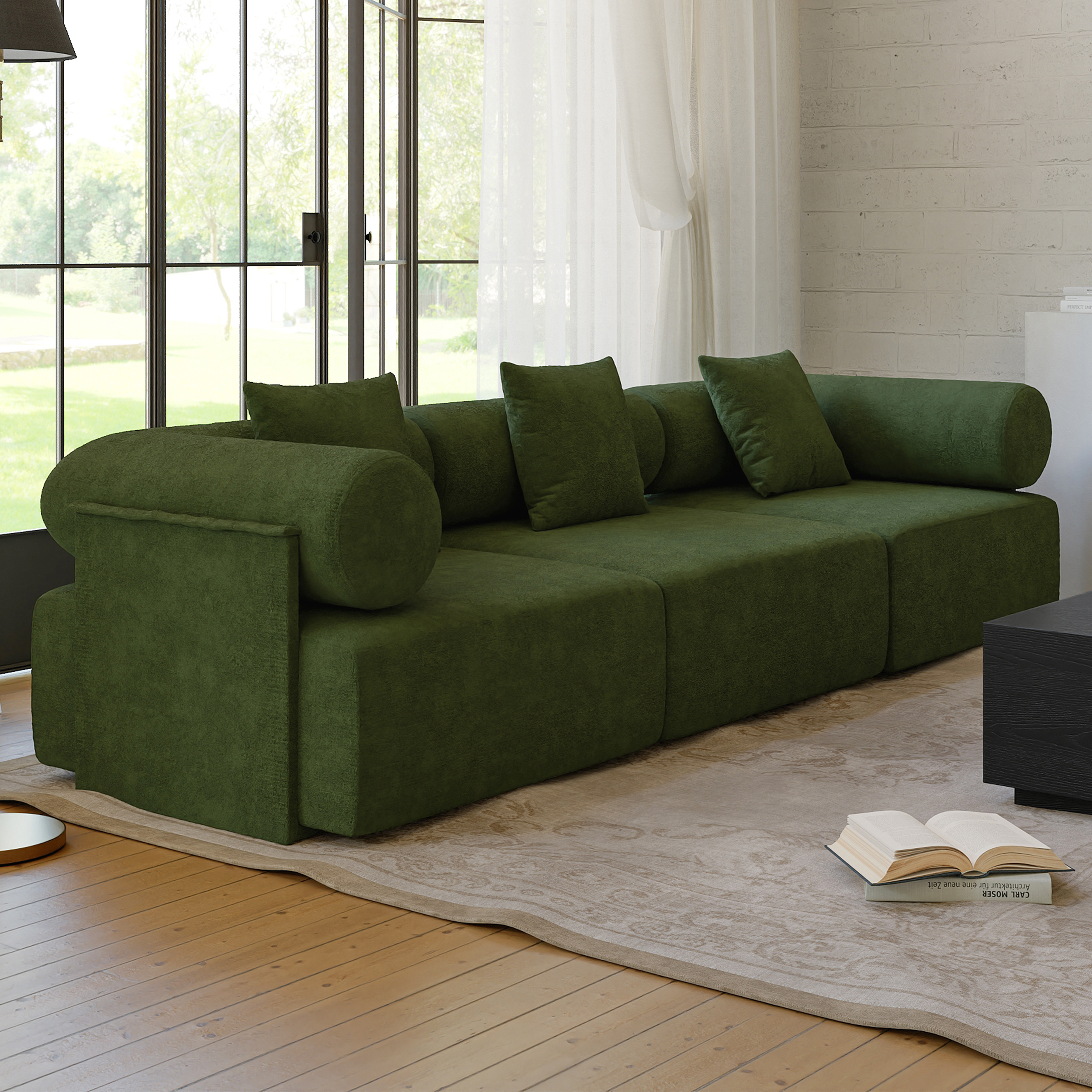 110" 3-Piece Modular Green Performance ChenilleVelvet 3-Seater Sofa