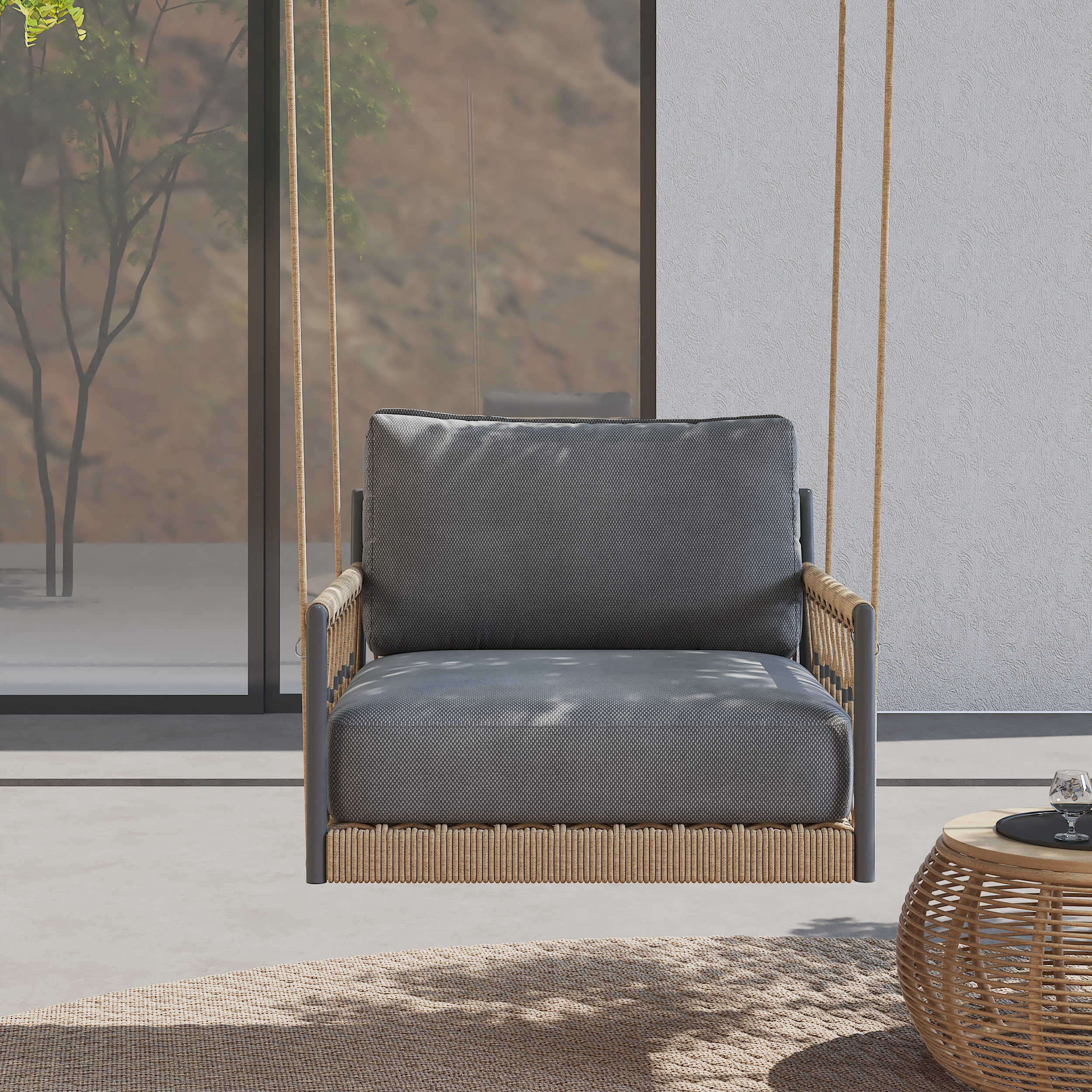 Ropipe Boho Khaki Hand Woven Rope Outdoor Patio 1-Seater Swing Sofa Arm Chair with Gray Cushion