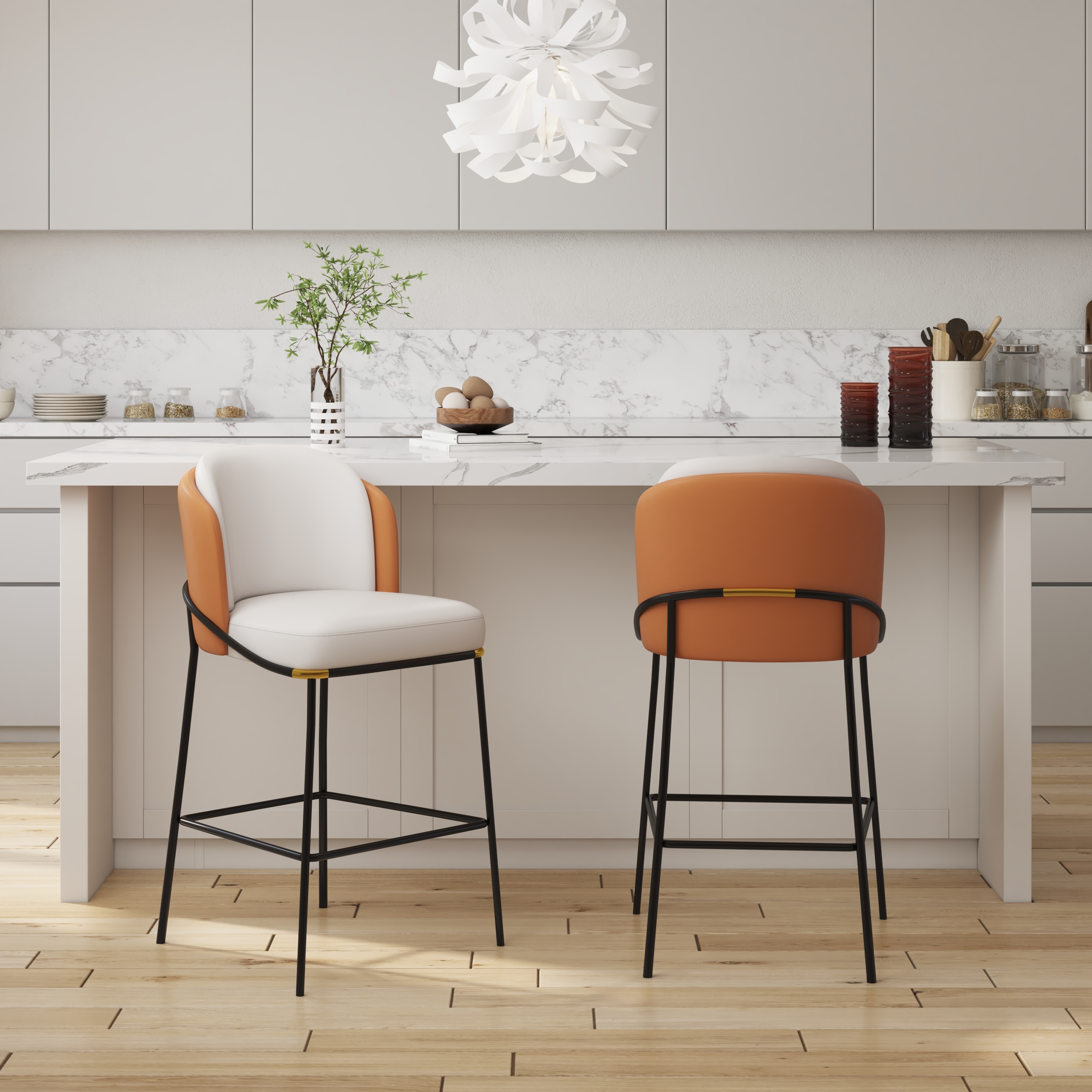 Modern PU Leather Breakfast Counter Stool Orange with Back & Footrest
