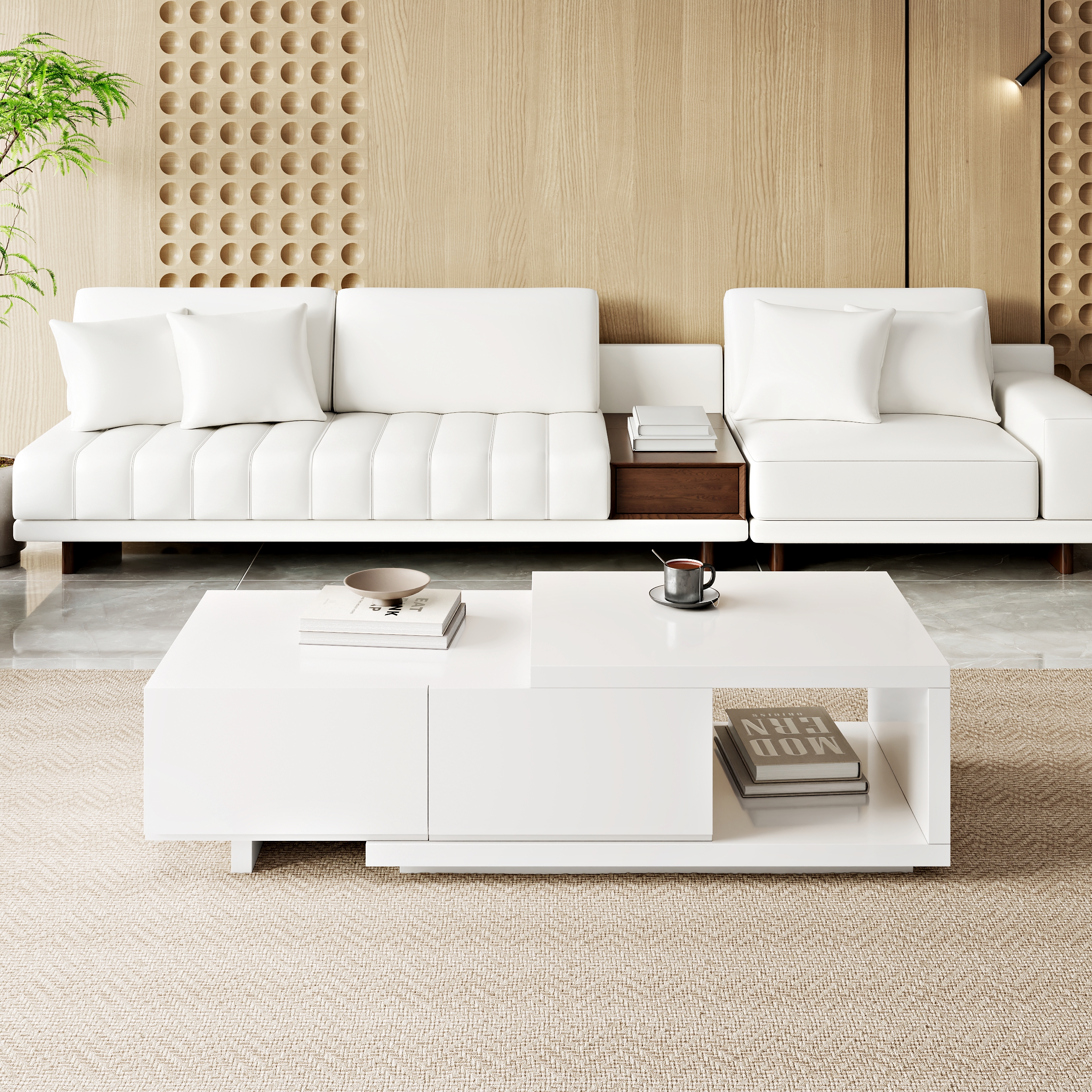 Quoint 68.9" Modern White Coffee Table Retracted & Extendable with 2-Drawer