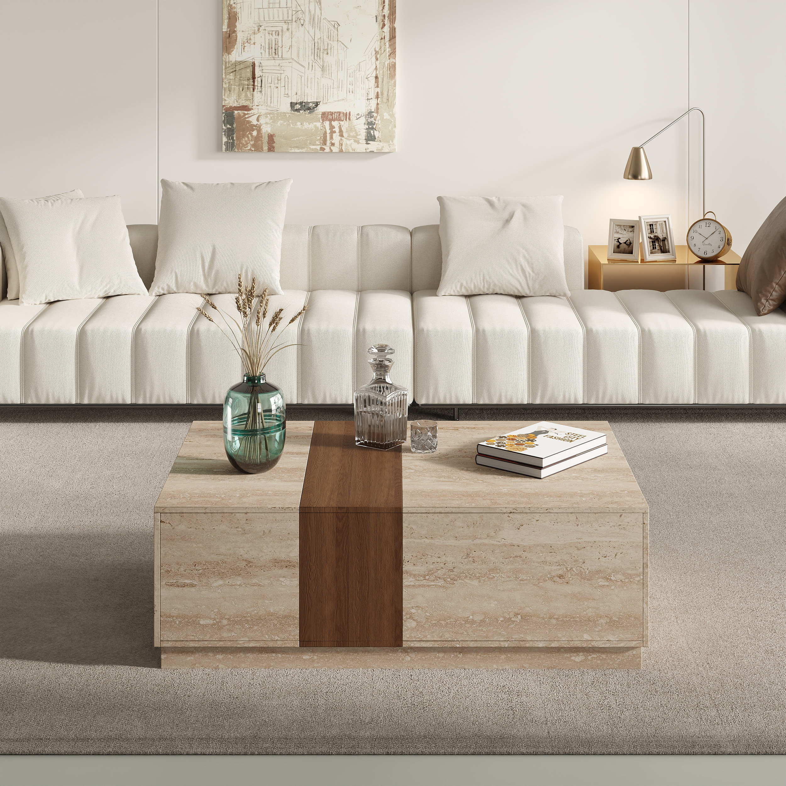 47.2" Vewal Wood Block Coffee Table Travertine Veneer in Black with 2 Drawers