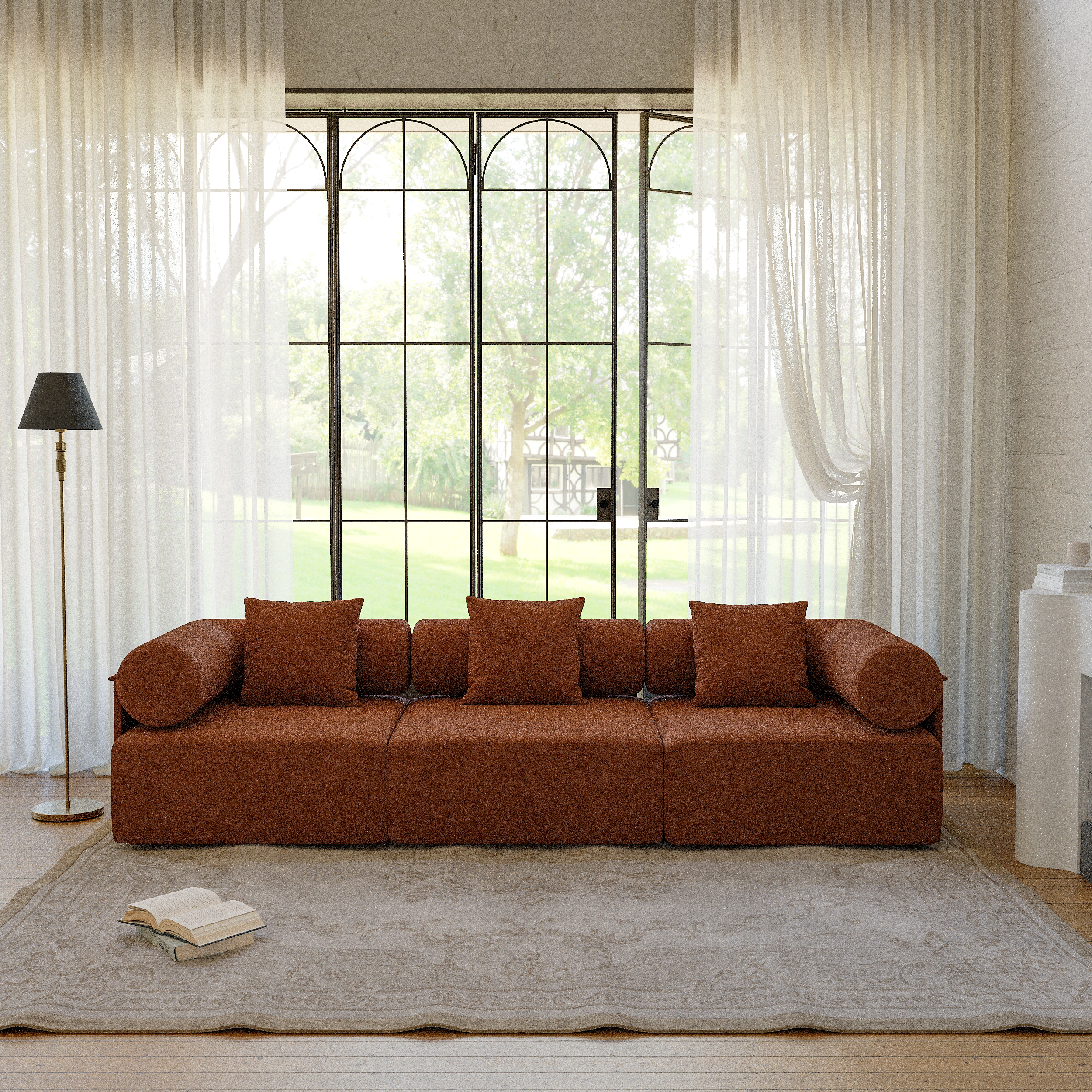 110" 3-Piece Modular Rust Performance ChenilleVelvet 3-Seater Sofa
