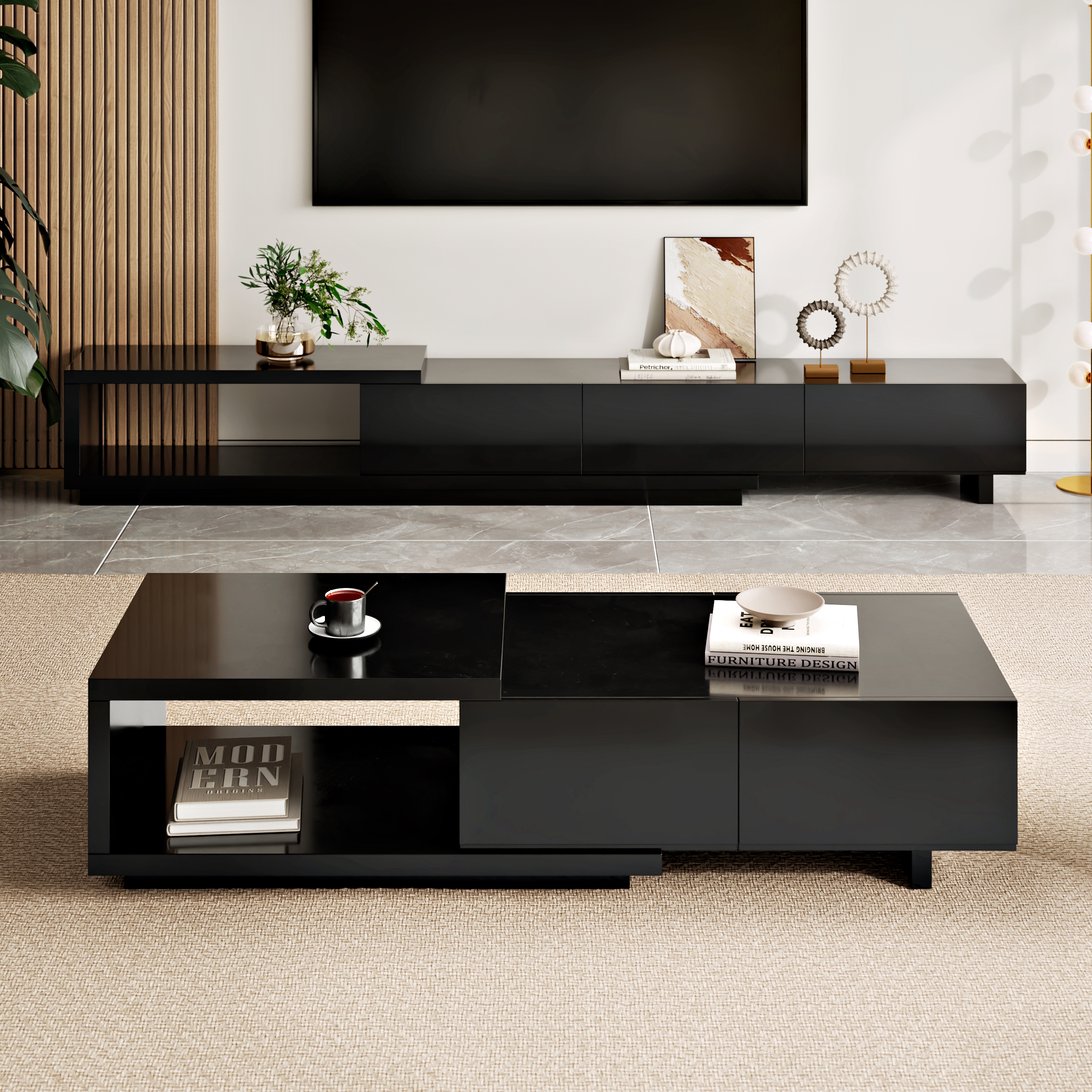 Quoint 68.9" Modern White & Black Coffee Table Retracted & Extendable with 2-Drawer
