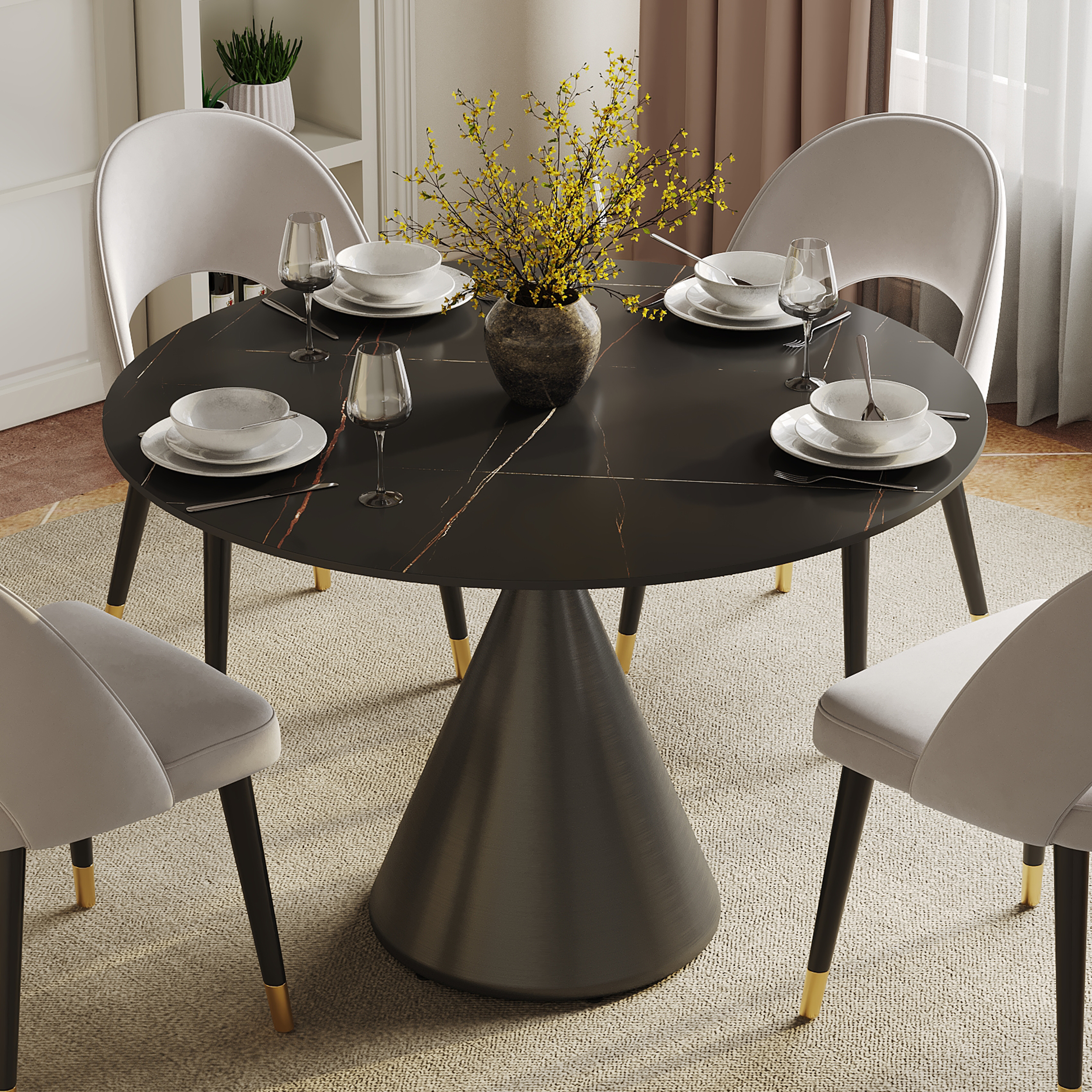 Mesa de comedor redonda de piedra sinterizada de 1000 mm con base negra cepillada con capacidad para 2-4 personas